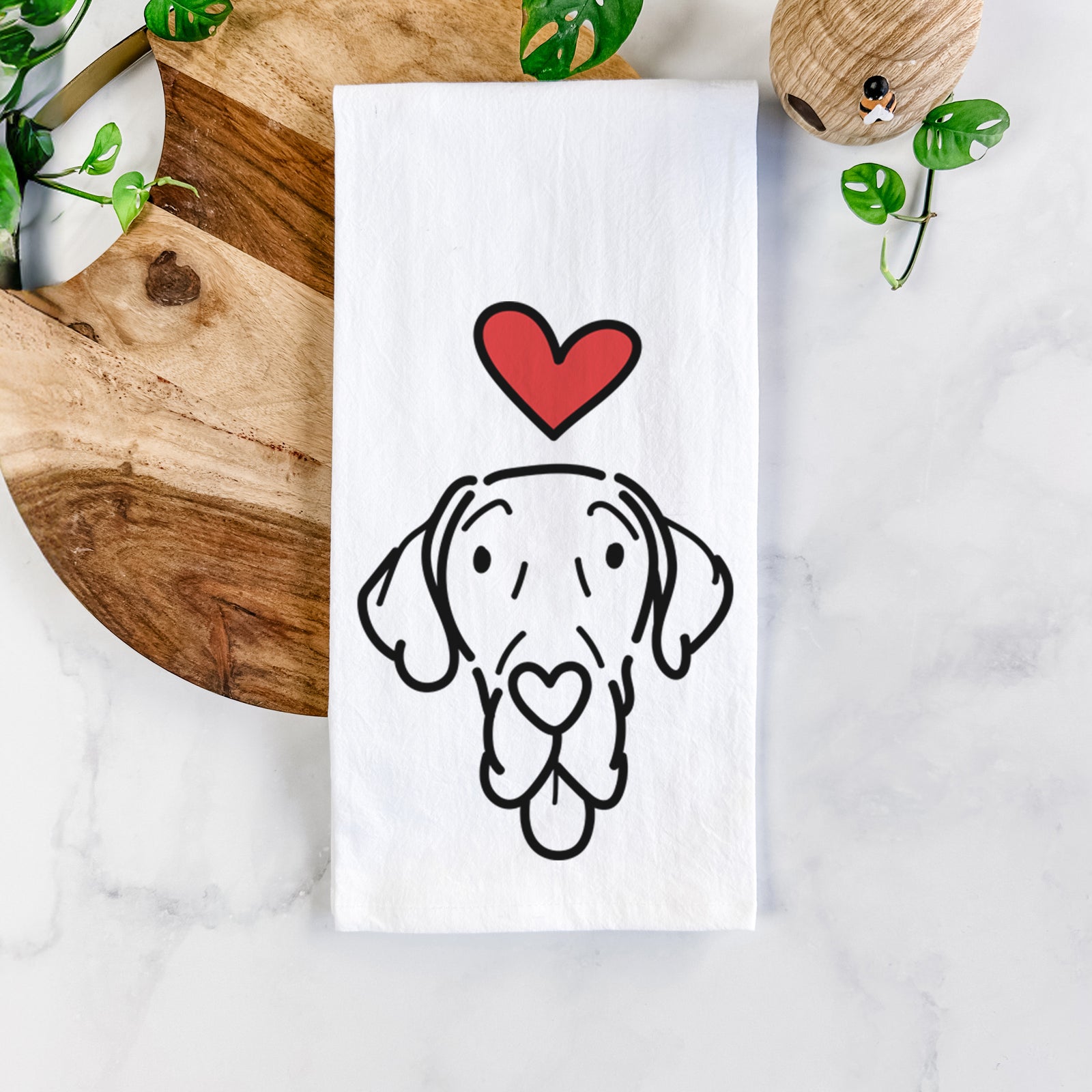 Minimalist line drawing of Bruce the Great Dane with a red heart on a tea towel