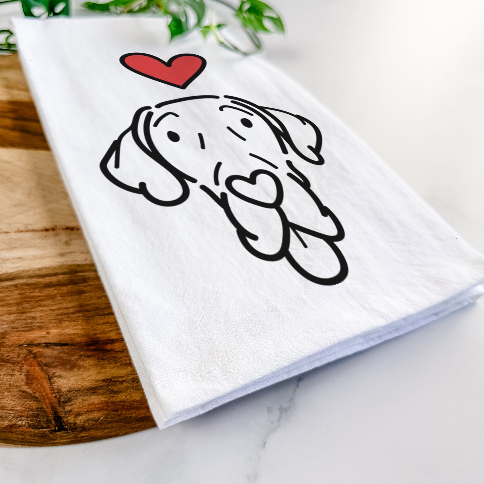 Minimalist line drawing of Bruce the Great Dane with a red heart on a tea towel