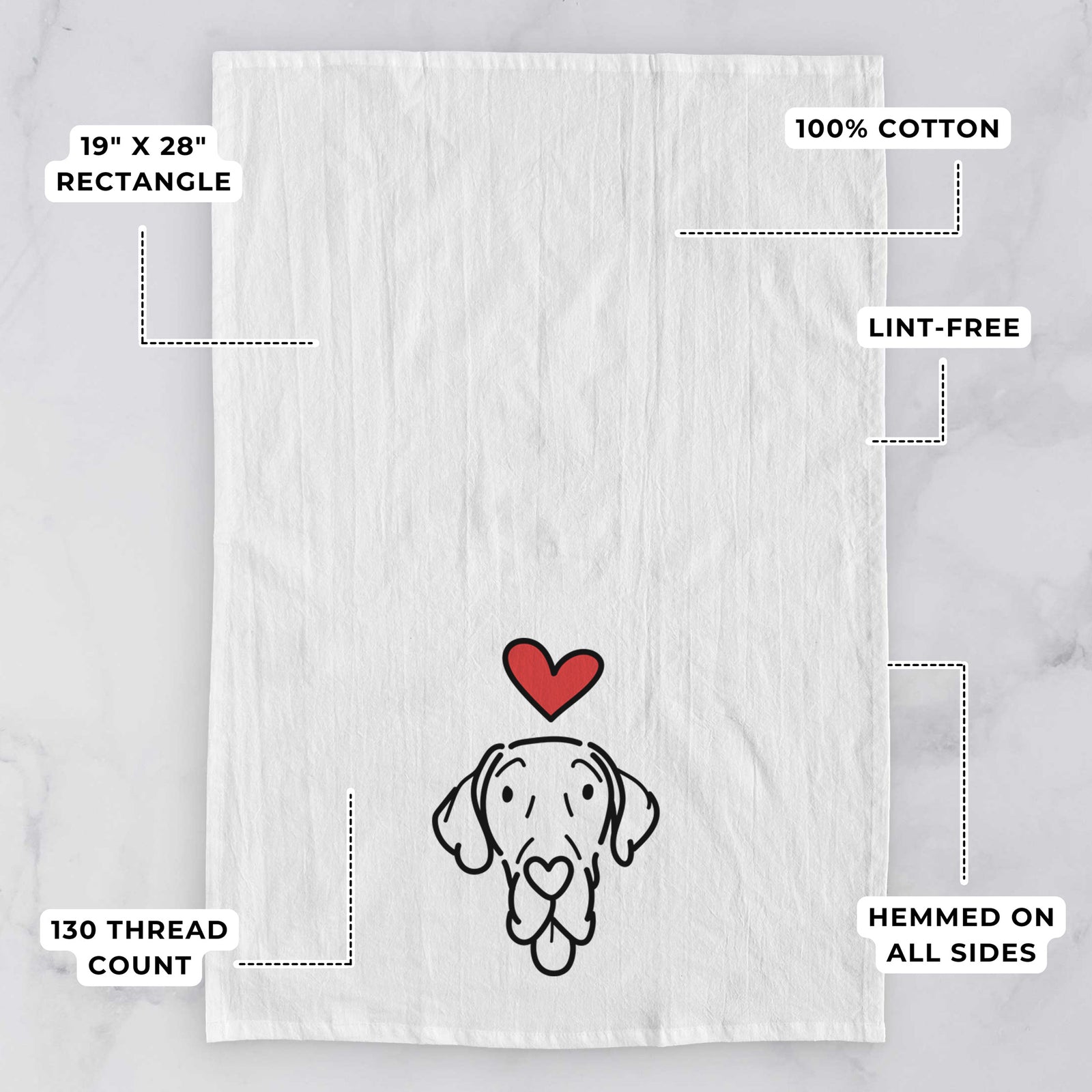 Minimalist line drawing of Bruce the Great Dane with a red heart on a tea towel, with feature callouts: 19 x 28 inch rectangle, 100% cotton, lint-free, 120 thread count, hemmed on all sides