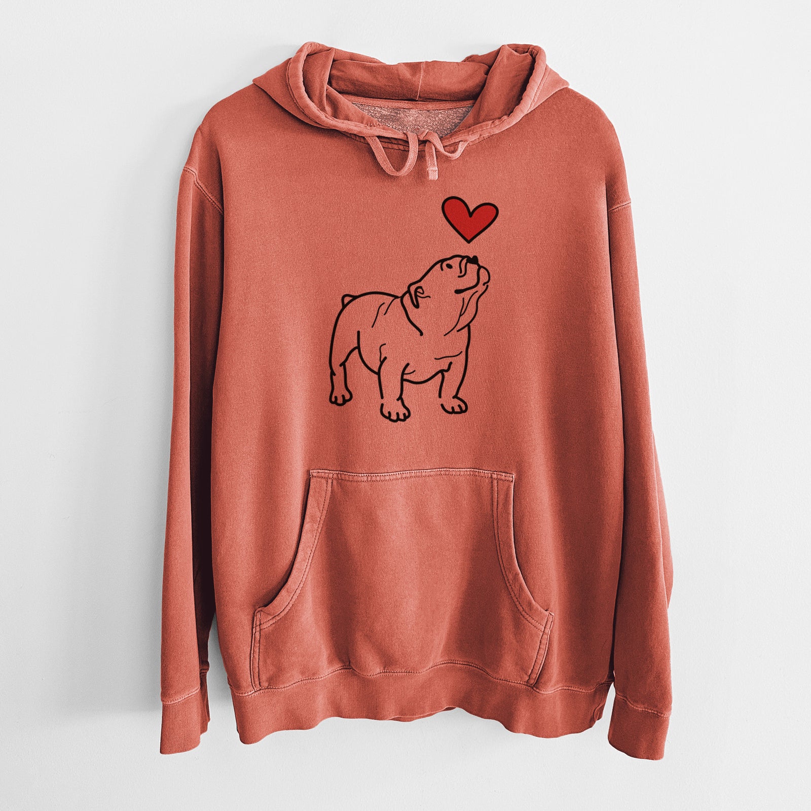 Minimalist line drawing of Bruno the English Bulldog with a red heart on an Amber Unisex pigment dyed hoodie