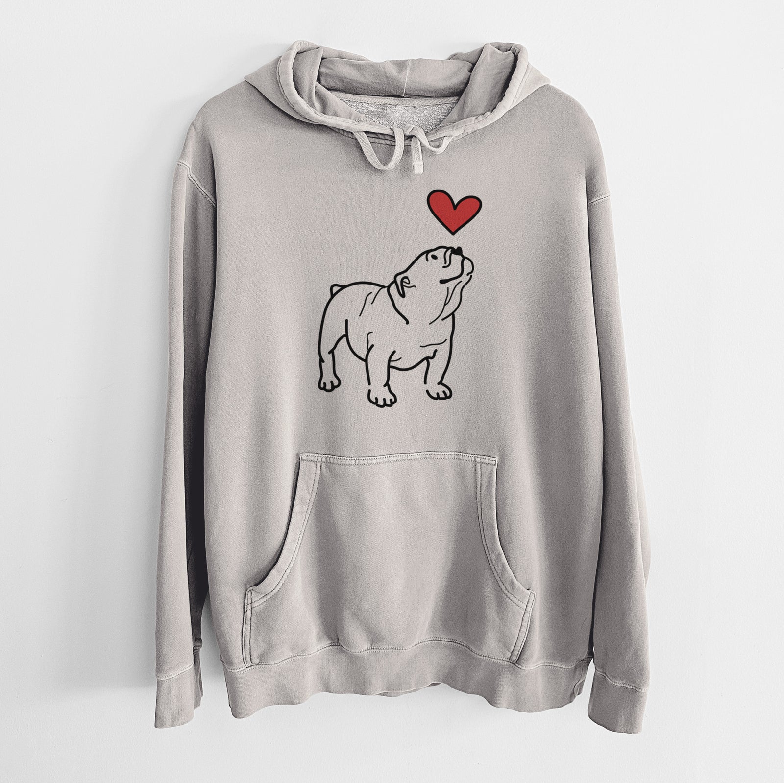 Minimalist line drawing of Bruno the English Bulldog with a red heart on a Cement Unisex pigment dyed hoodie