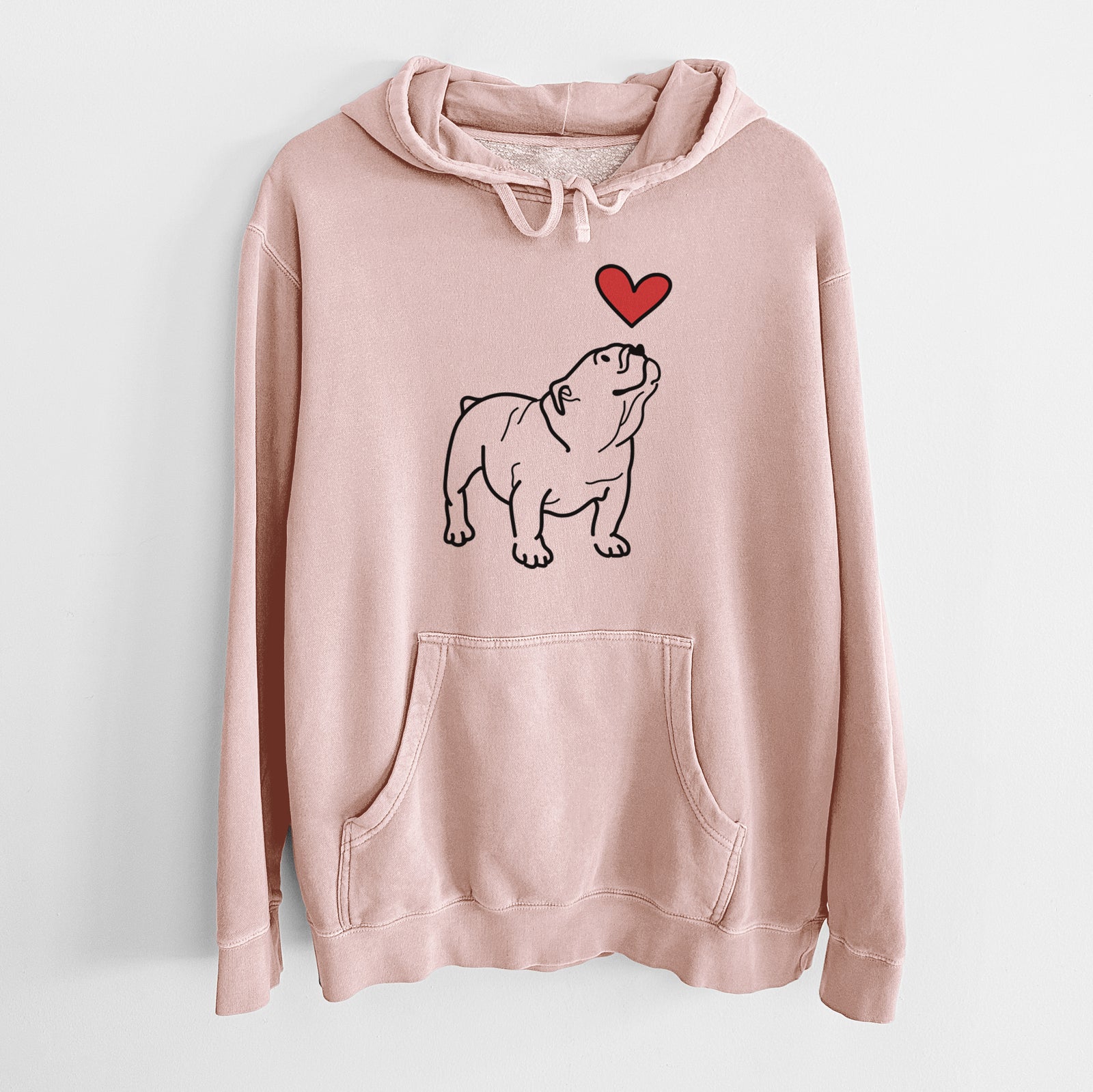 Minimalist line drawing of Bruno the English Bulldog with a red heart on a Dusty Pink Unisex pigment dyed hoodie