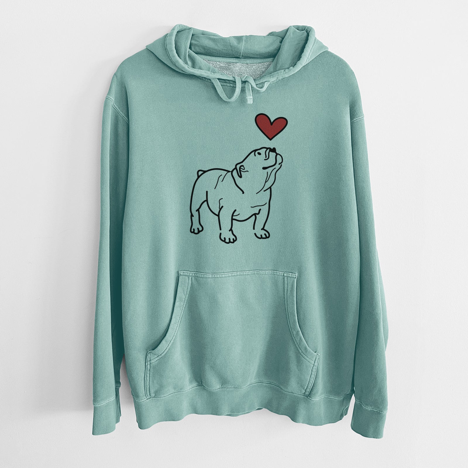 Minimalist line drawing of Bruno the English Bulldog with a red heart on a Mint Unisex pigment dyed hoodie