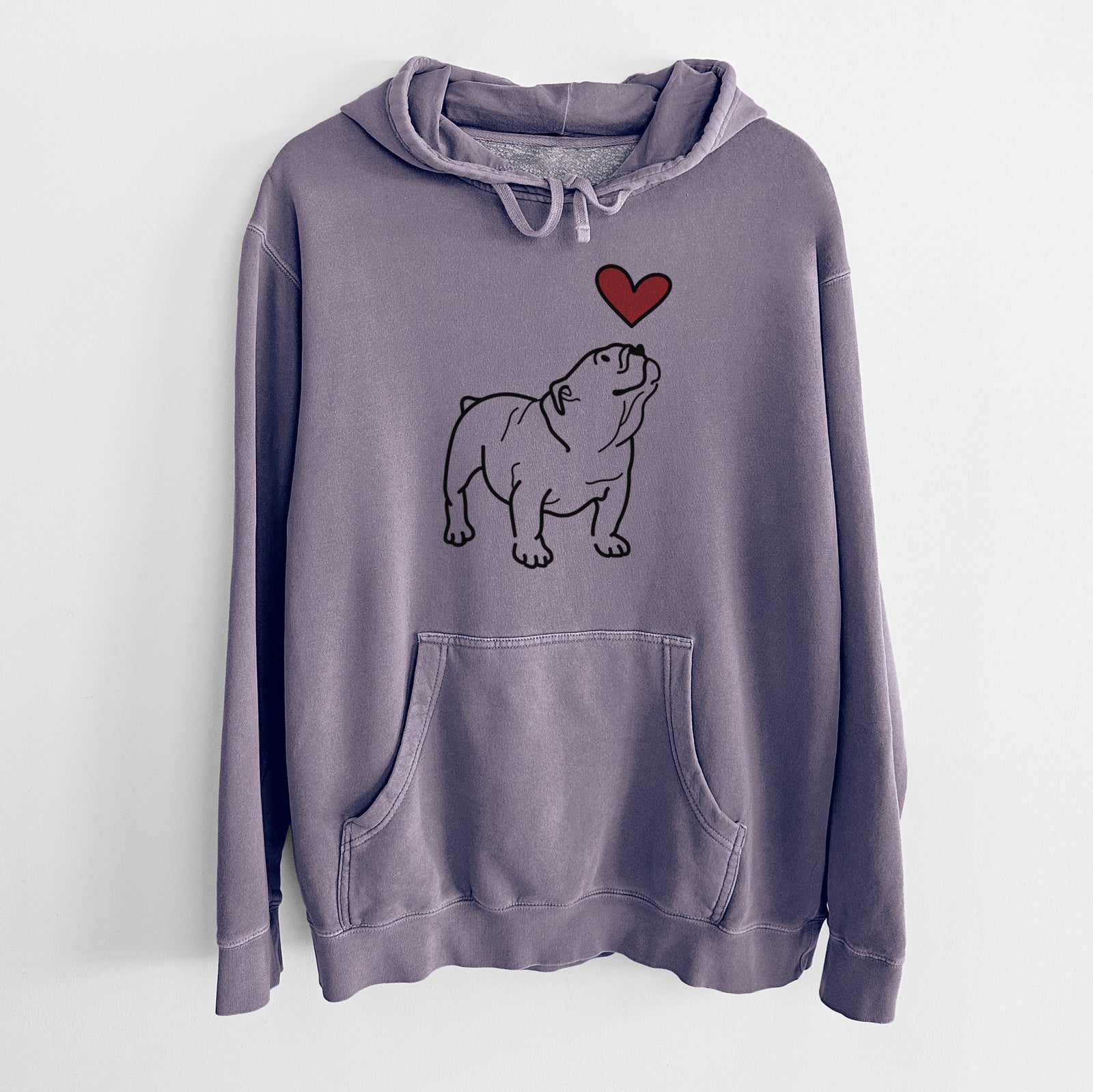 Minimalist line drawing of Bruno the English Bulldog with a red heart on a Plum Unisex pigment dyed hoodie