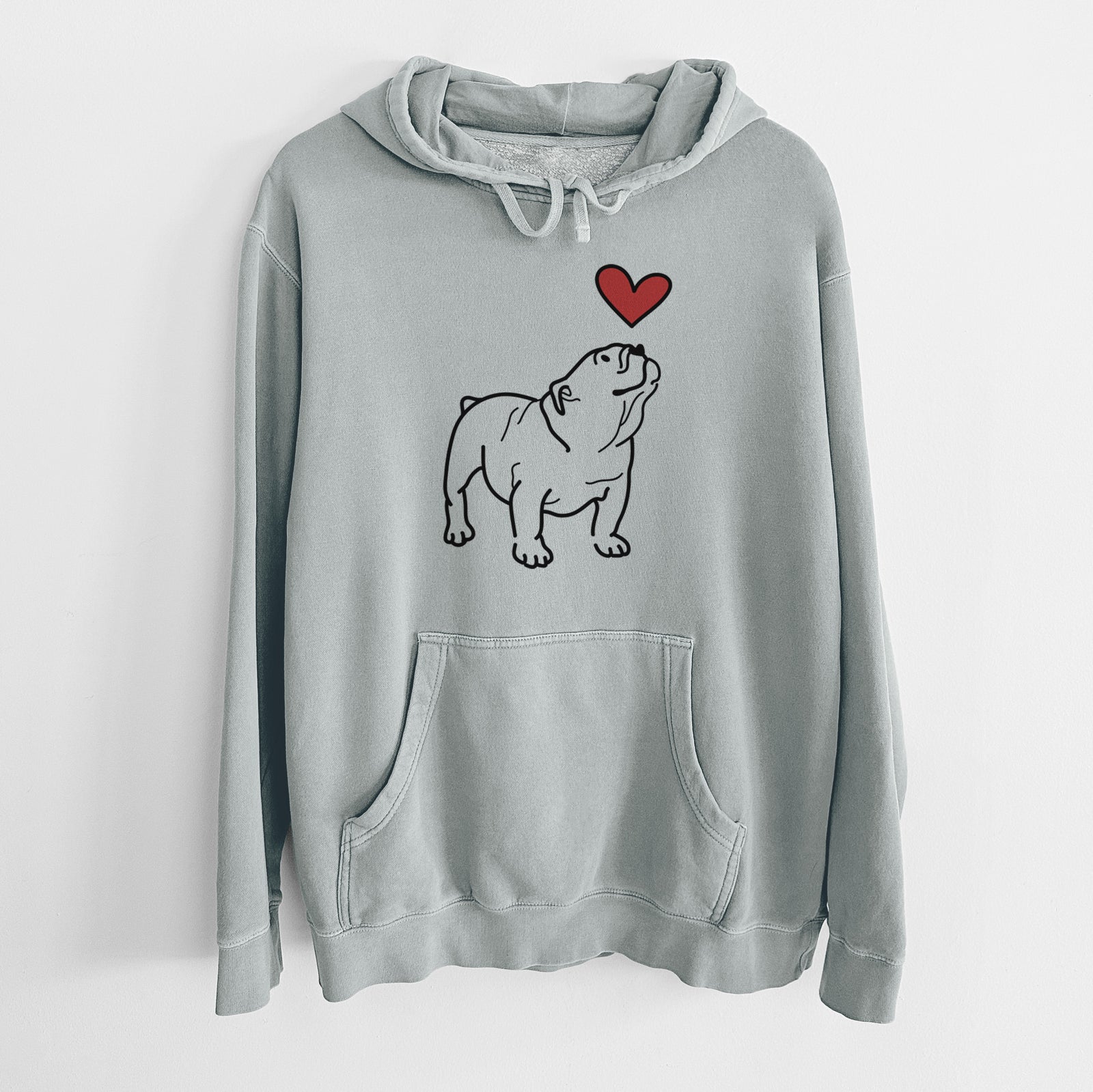 Minimalist line drawing of Bruno the English Bulldog with a red heart on a Sage Unisex pigment dyed hoodie