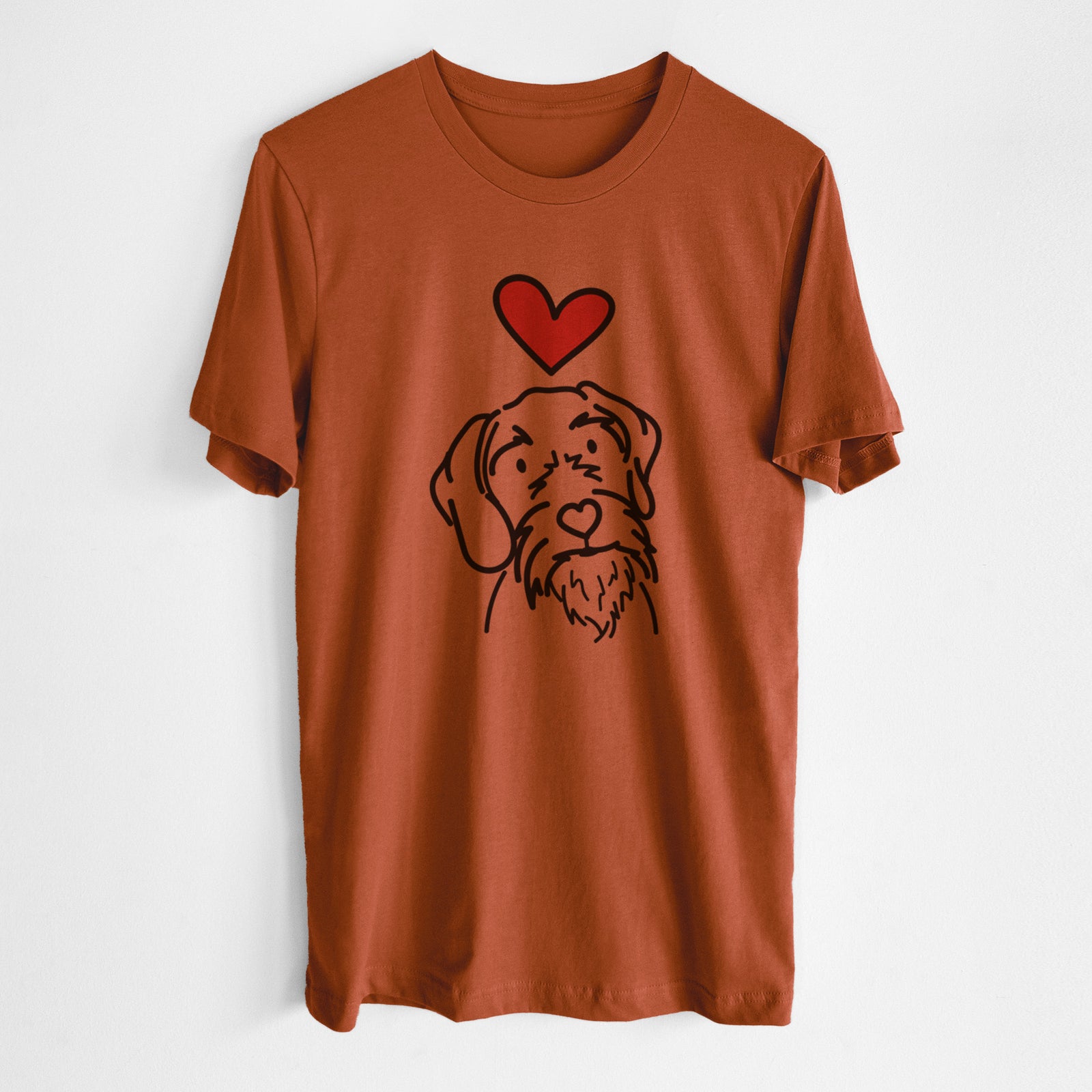 Minimalist line drawing of Buck the German Wirehaired Pointer with a red heart on an Autumn Unisex crewneck, worn by a man