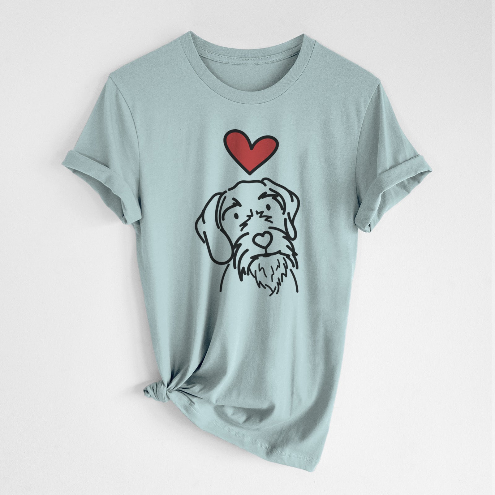 Minimalist line drawing of Buck the German Wirehaired Pointer with a red heart on a Dusty Blue Unisex crewneck, worn by a woman