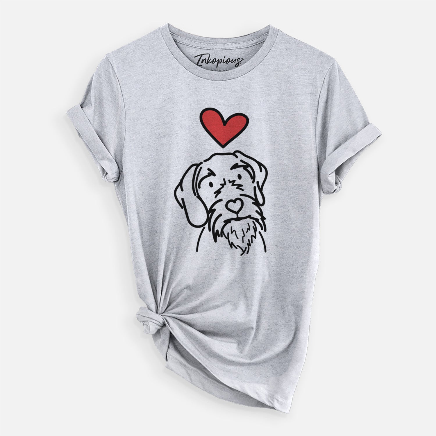 Minimalist line drawing of Buck the German Wirehaired Pointer with a red heart on a Grey Unisex crewneck, worn by a woman