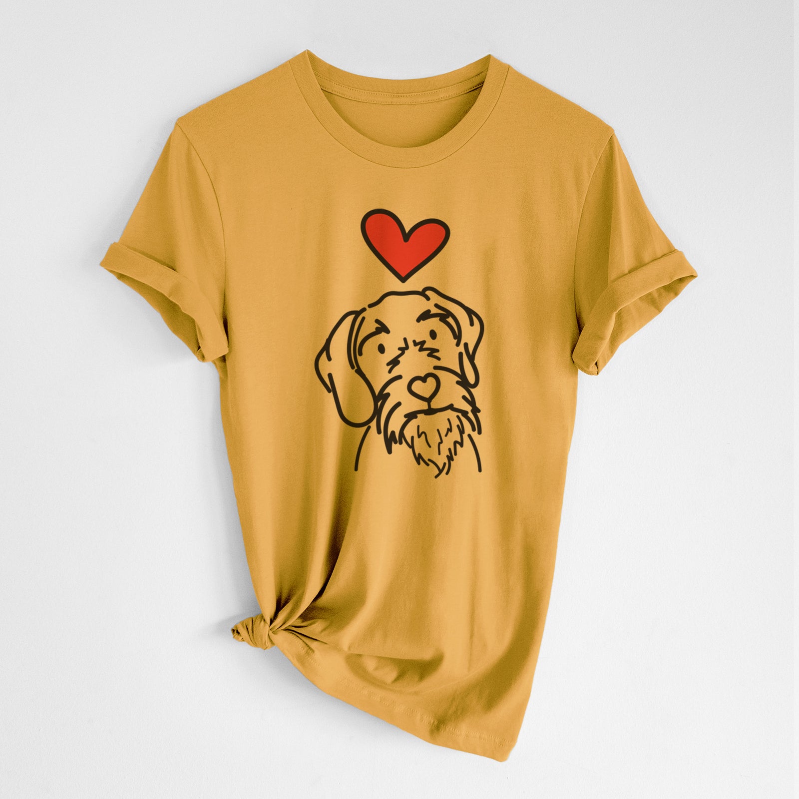 Minimalist line drawing of Buck the German Wirehaired Pointer with a red heart on a Honeycomb Unisex crewneck, worn by a woman