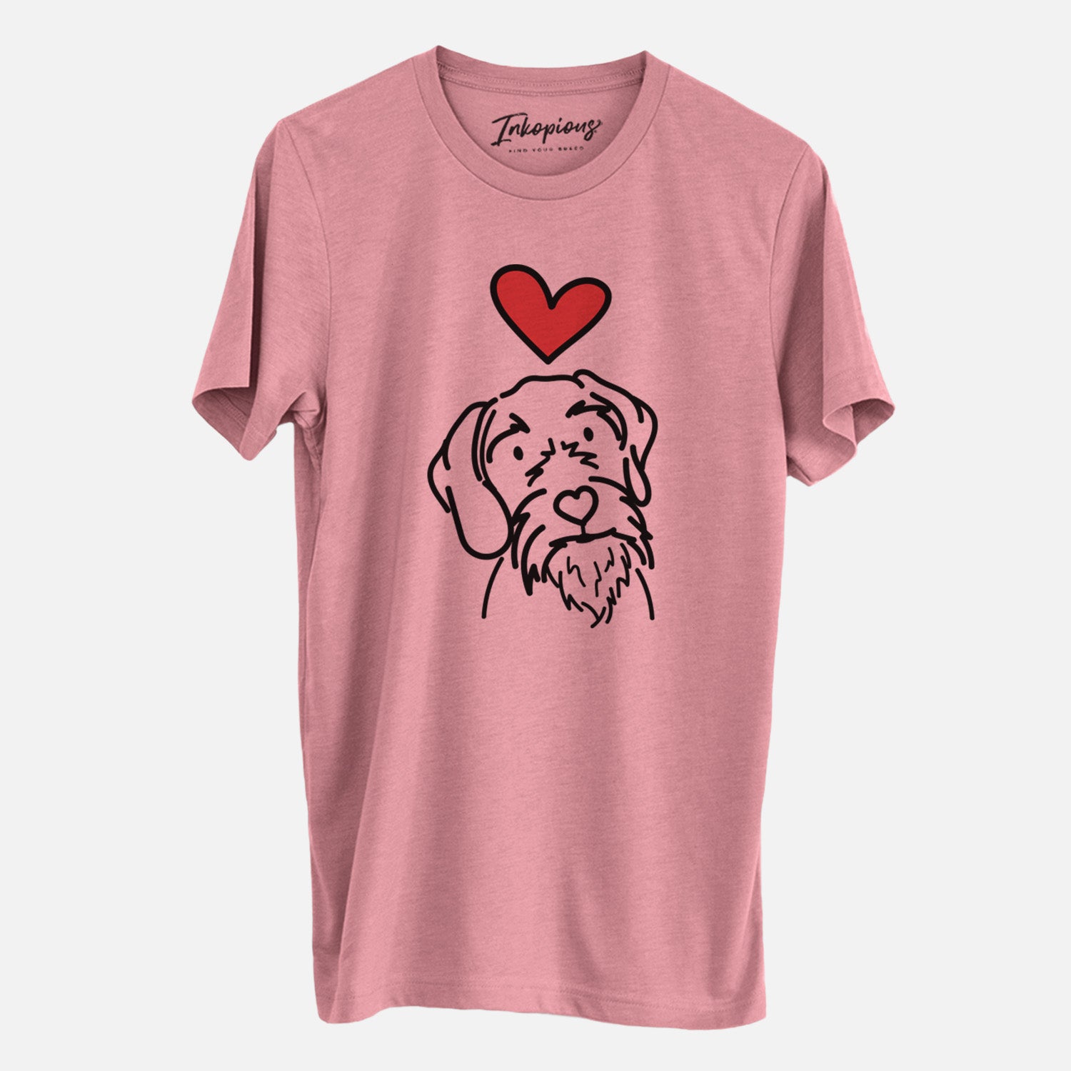 Minimalist line drawing of Buck the German Wirehaired Pointer with a red heart on a Mauve Unisex crewneck, worn by a man