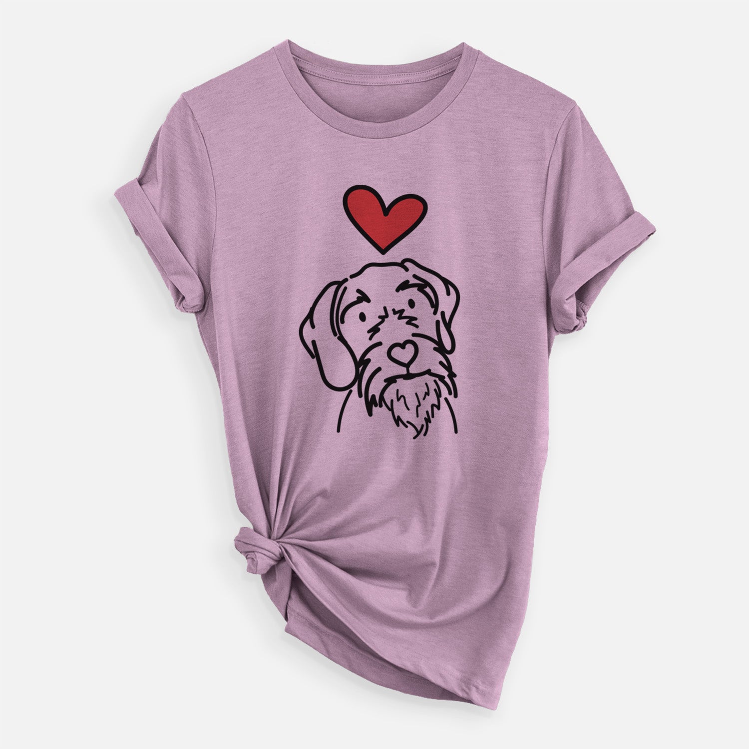 Minimalist line drawing of Buck the German Wirehaired Pointer with a red heart on an Orchid Unisex crewneck, worn by a woman