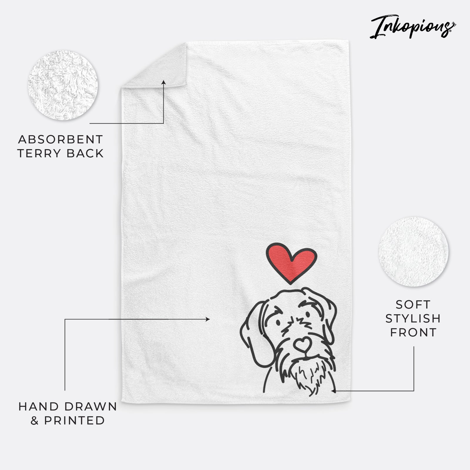 Minimalist line drawing of Buck the German Wirehaired Pointer with a red heart on a hand towel