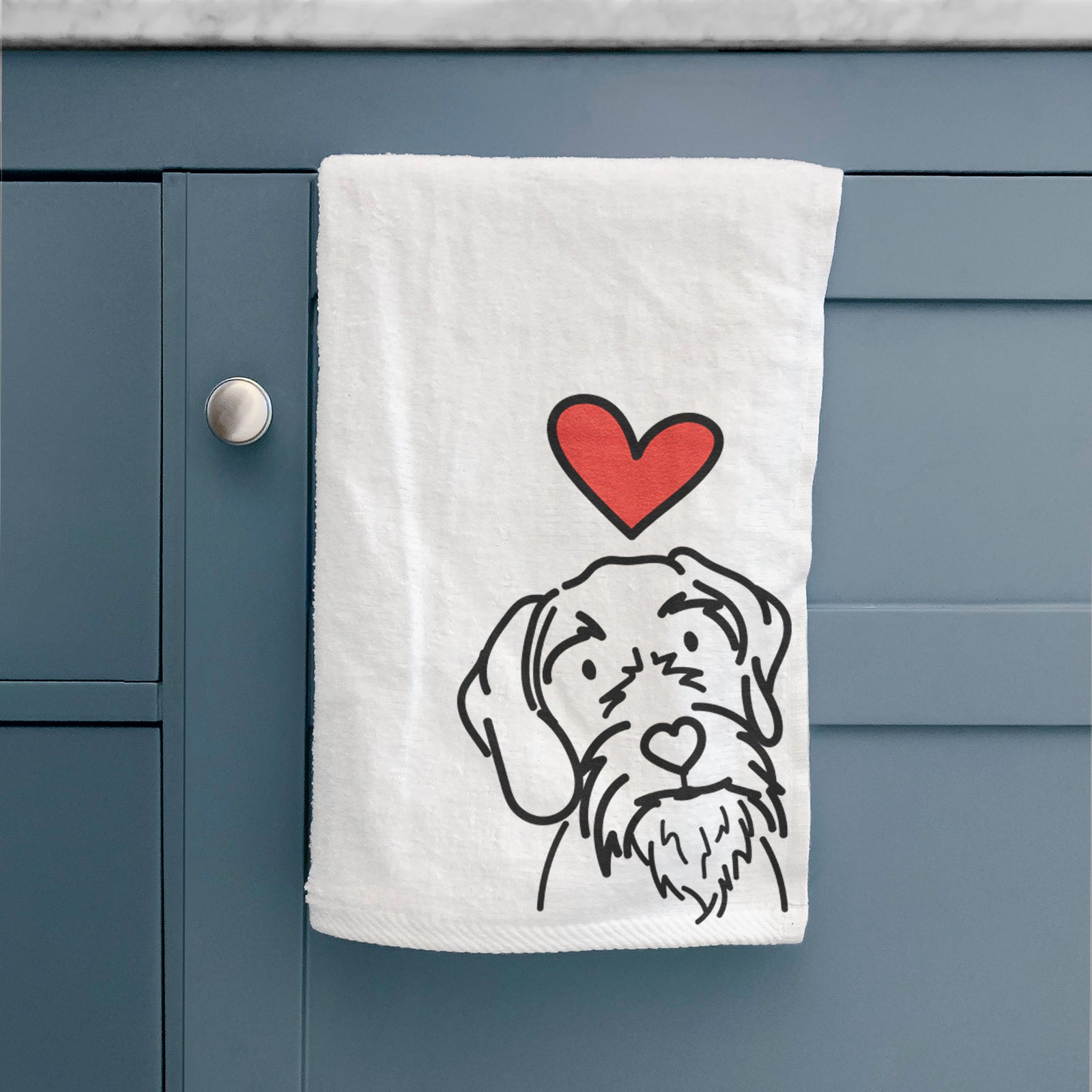 Minimalist line drawing of Buck the German Wirehaired Pointer with a red heart on a hand towel