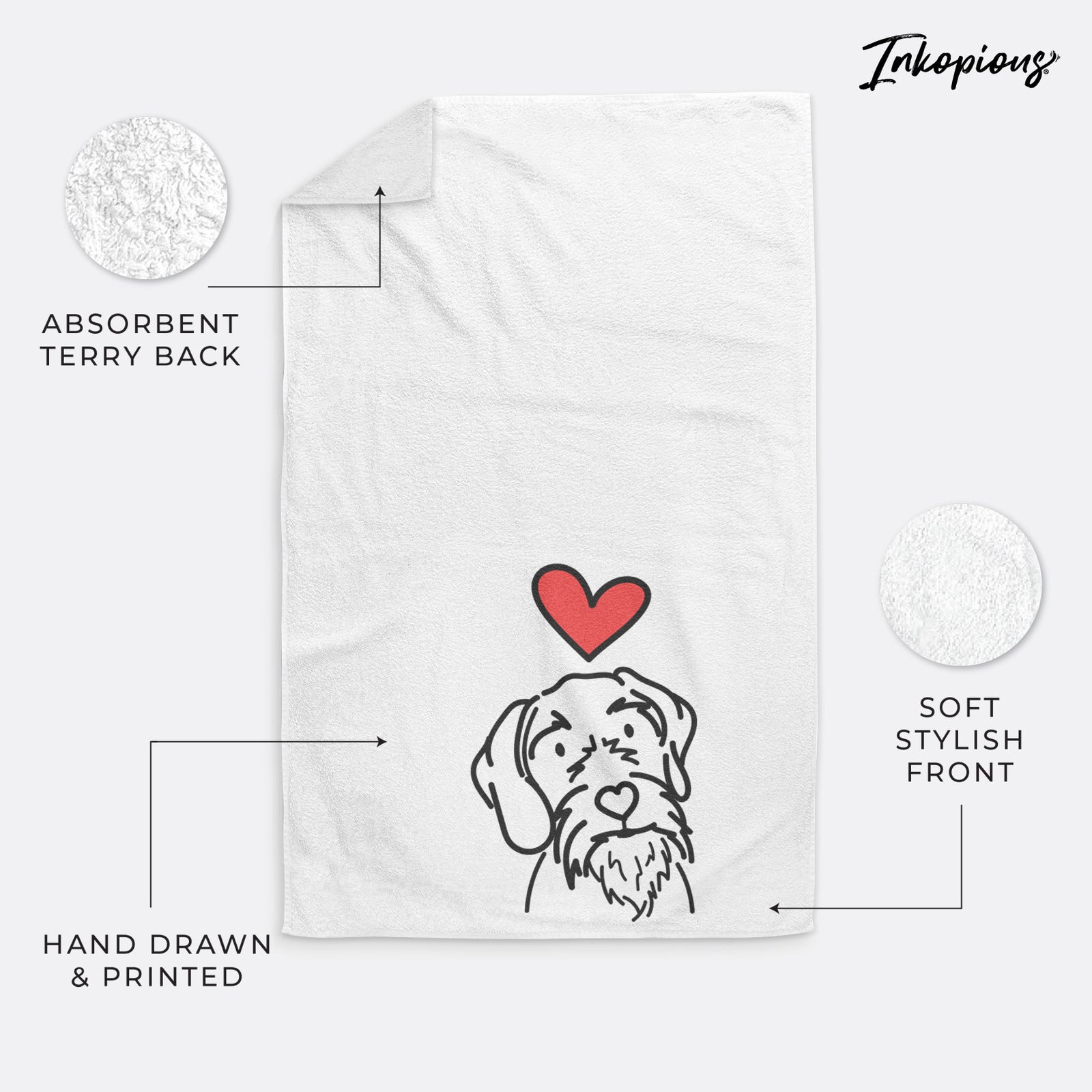 Minimalist line drawing of Buck the German Wirehaired Pointer with a red heart on a hand towel
