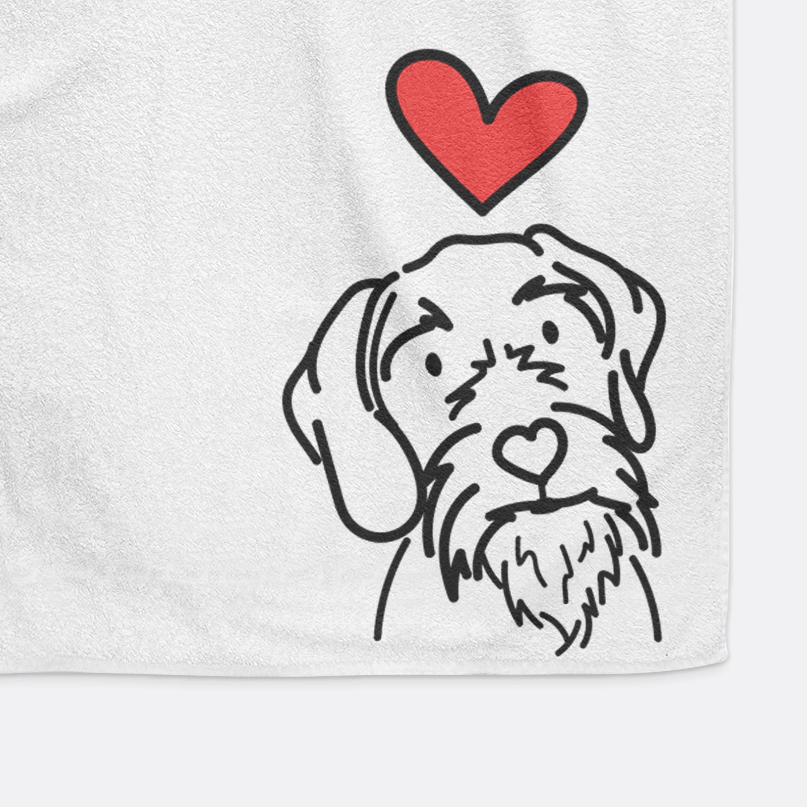 Minimalist line drawing of Buck the German Wirehaired Pointer with a red heart on a hand towel