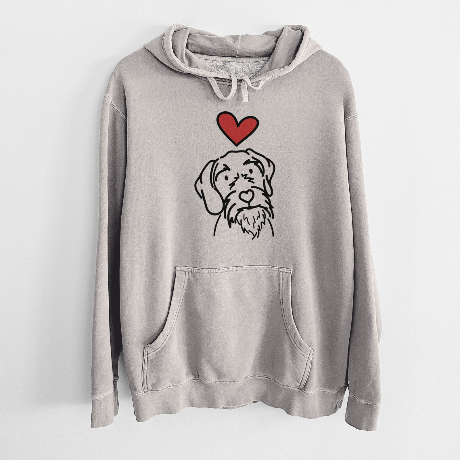 Minimalist line drawing of Buck the German Wirehaired Pointer with a red heart on a Cement Unisex pigment dyed hoodie