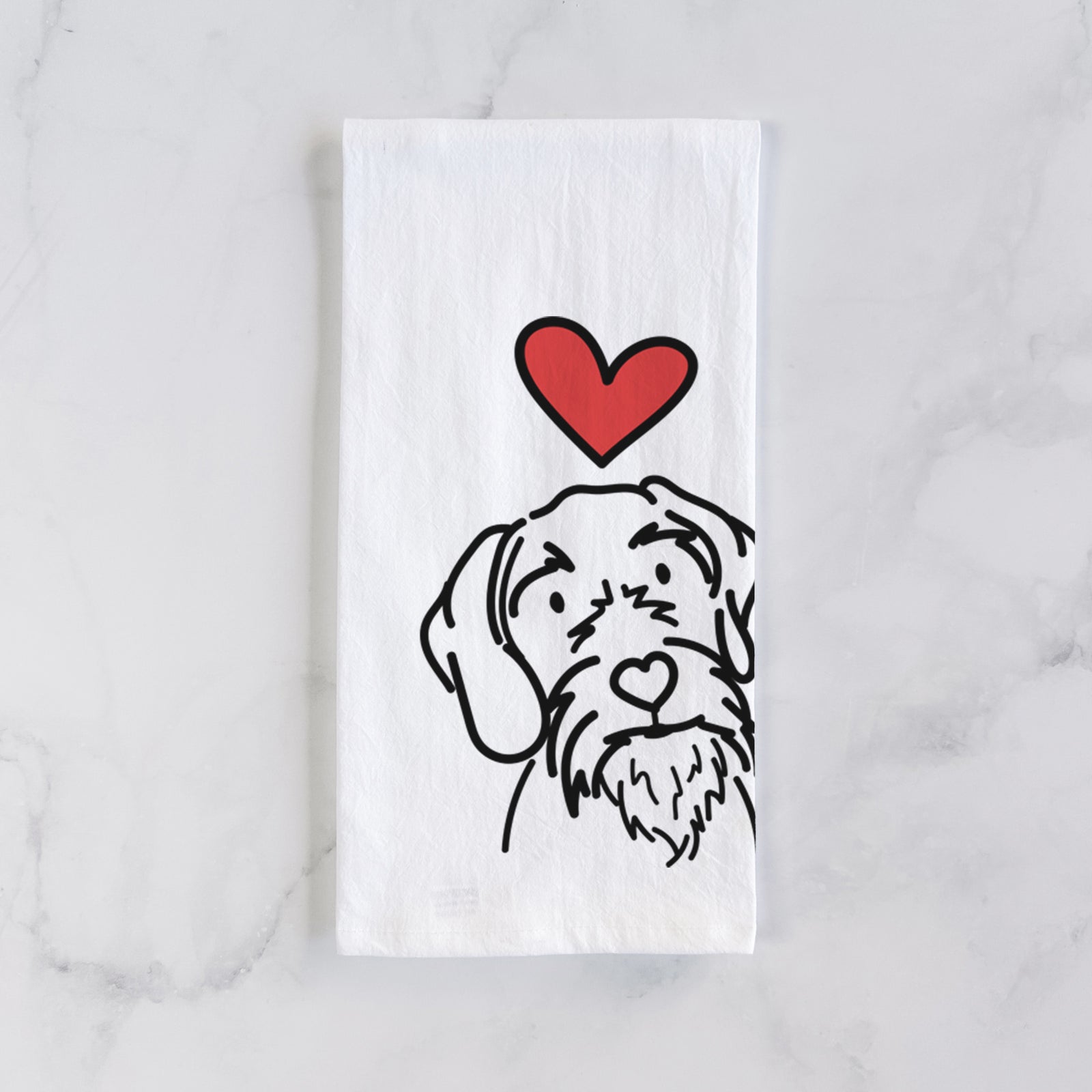 Minimalist line drawing of Buck the German Wirehaired Pointer with a red heart on a tea towel