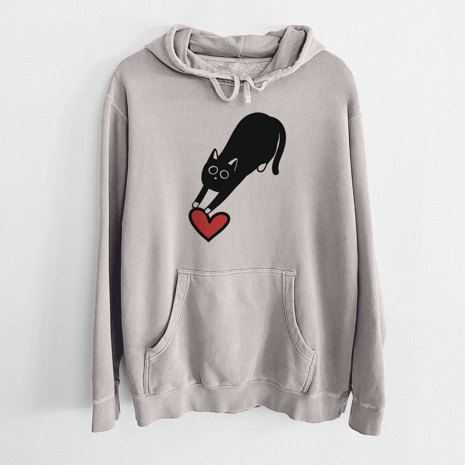 Minimalist line drawing of Bug the Black Cat with a red heart on a Cement Unisex pigment dyed hoodie