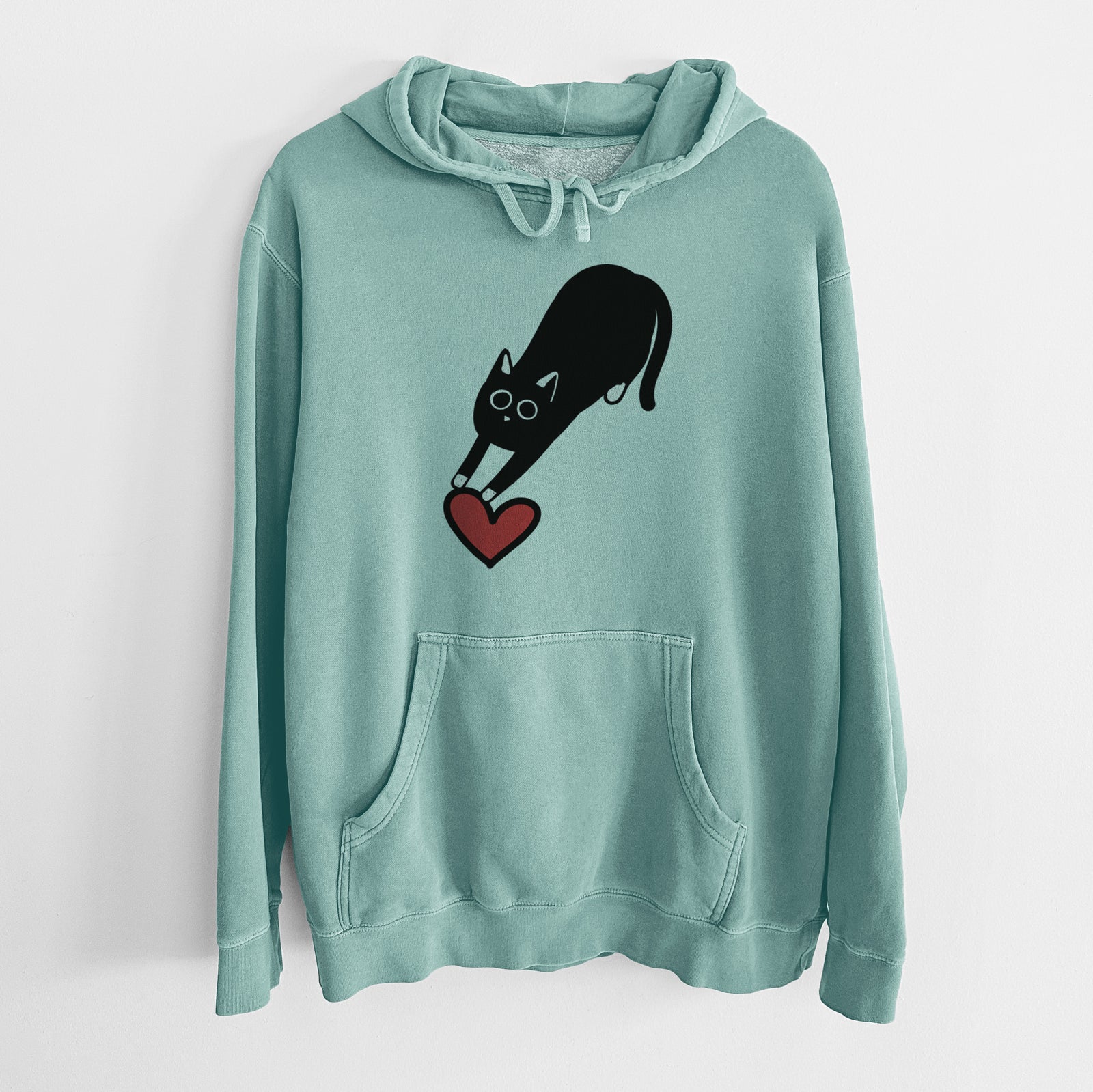 Minimalist line drawing of Bug the Black Cat with a red heart on a Mint Unisex pigment dyed hoodie