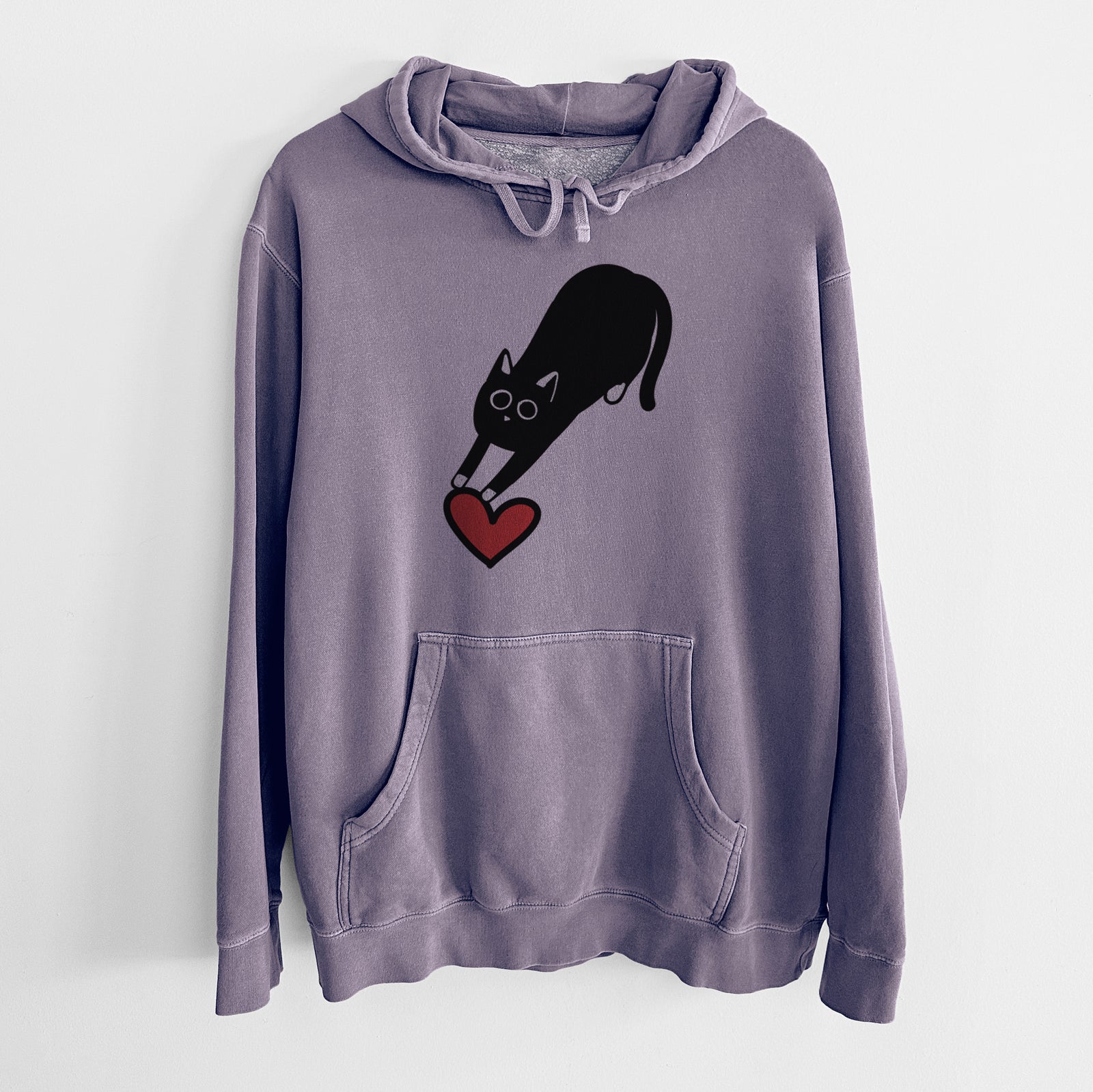 Minimalist line drawing of Bug the Black Cat with a red heart on a Plum Unisex pigment dyed hoodie