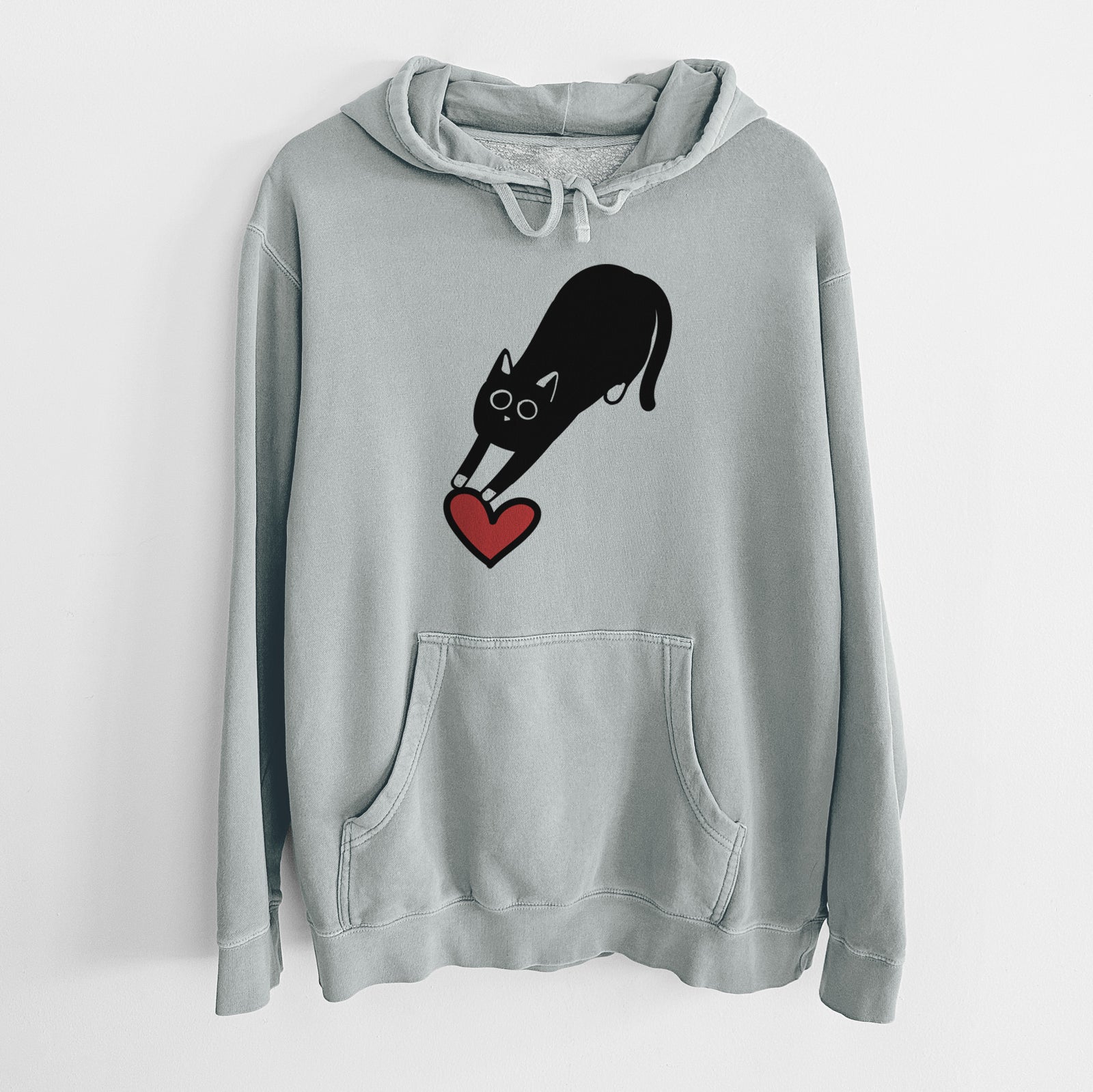 Minimalist line drawing of Bug the Black Cat with a red heart on a Sage Unisex pigment dyed hoodie