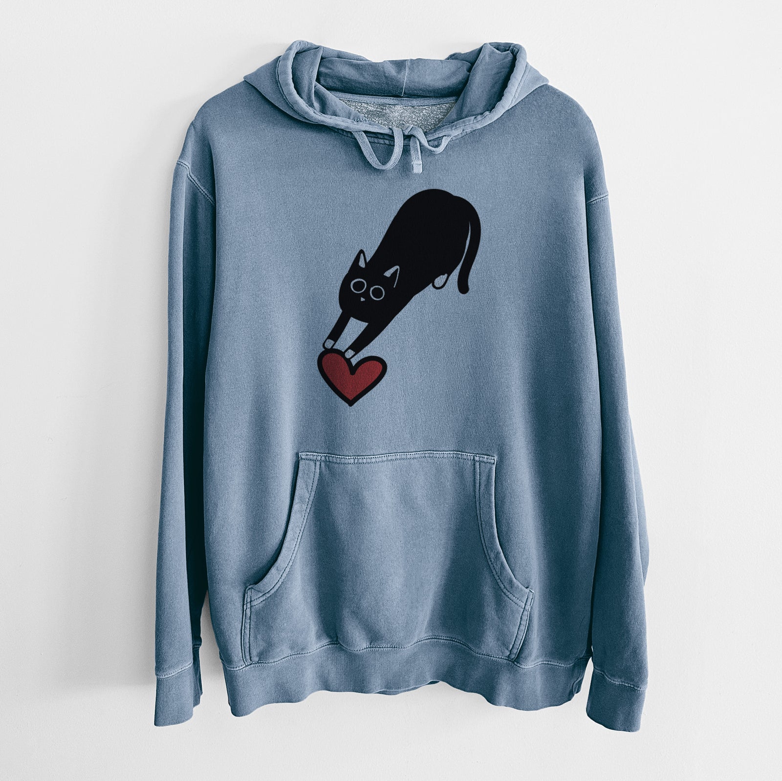 Minimalist line drawing of Bug the Black Cat with a red heart on a Slate Blue Unisex pigment dyed hoodie