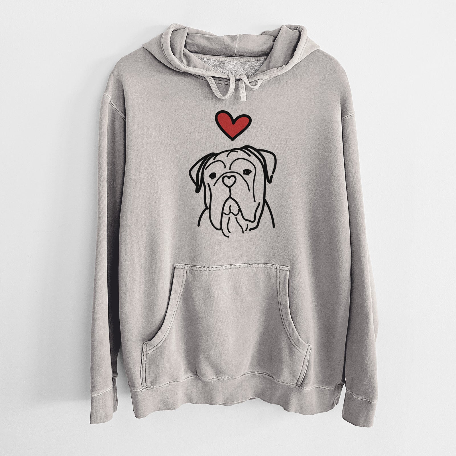 Minimalist line drawing of Vivian the Bull Mastiff with a red heart on a Cement Unisex pigment dyed hoodie