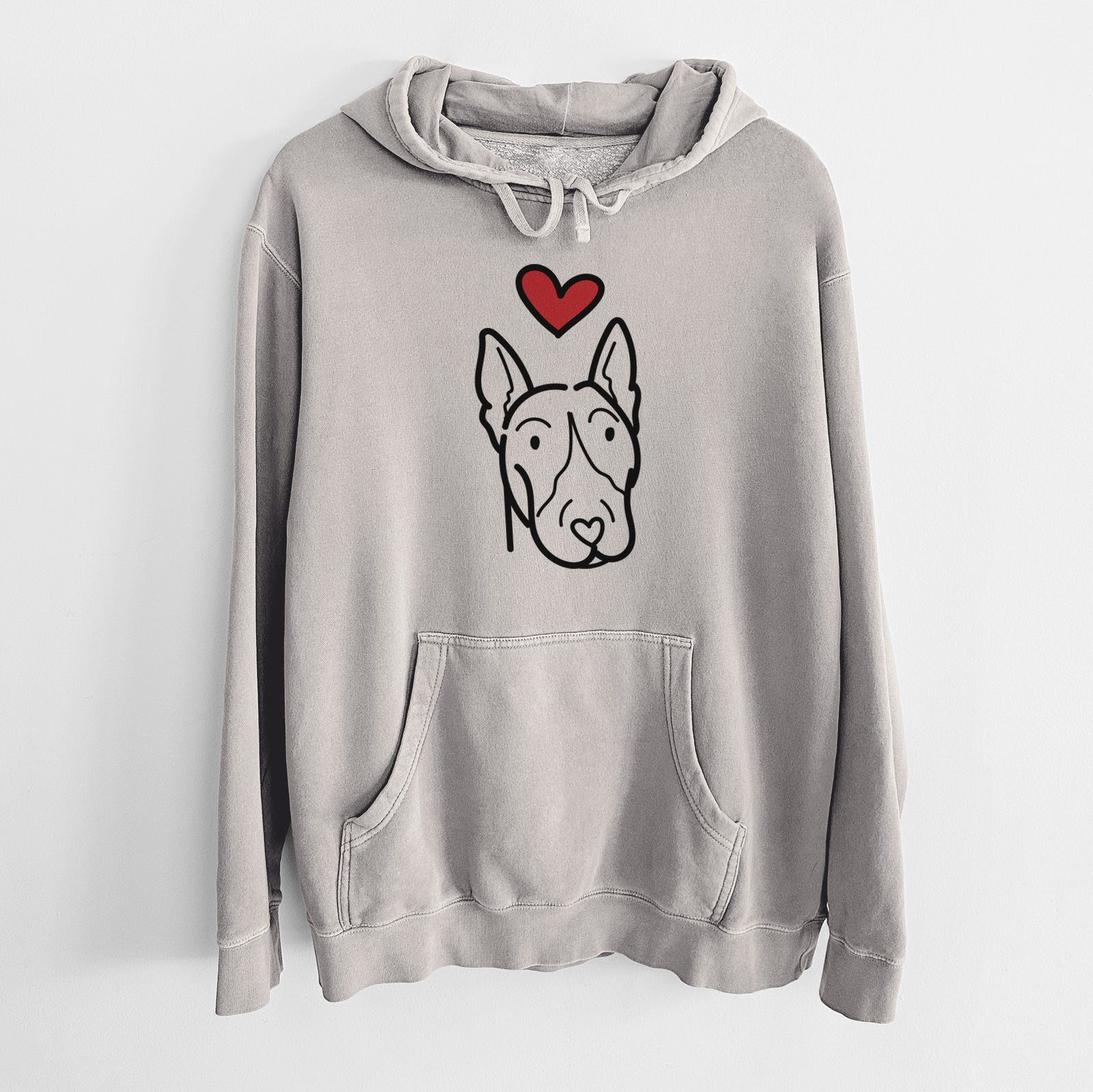 Minimalist line drawing of a Bull Terrier with a red heart on a Cement Unisex pigment dyed hoodie