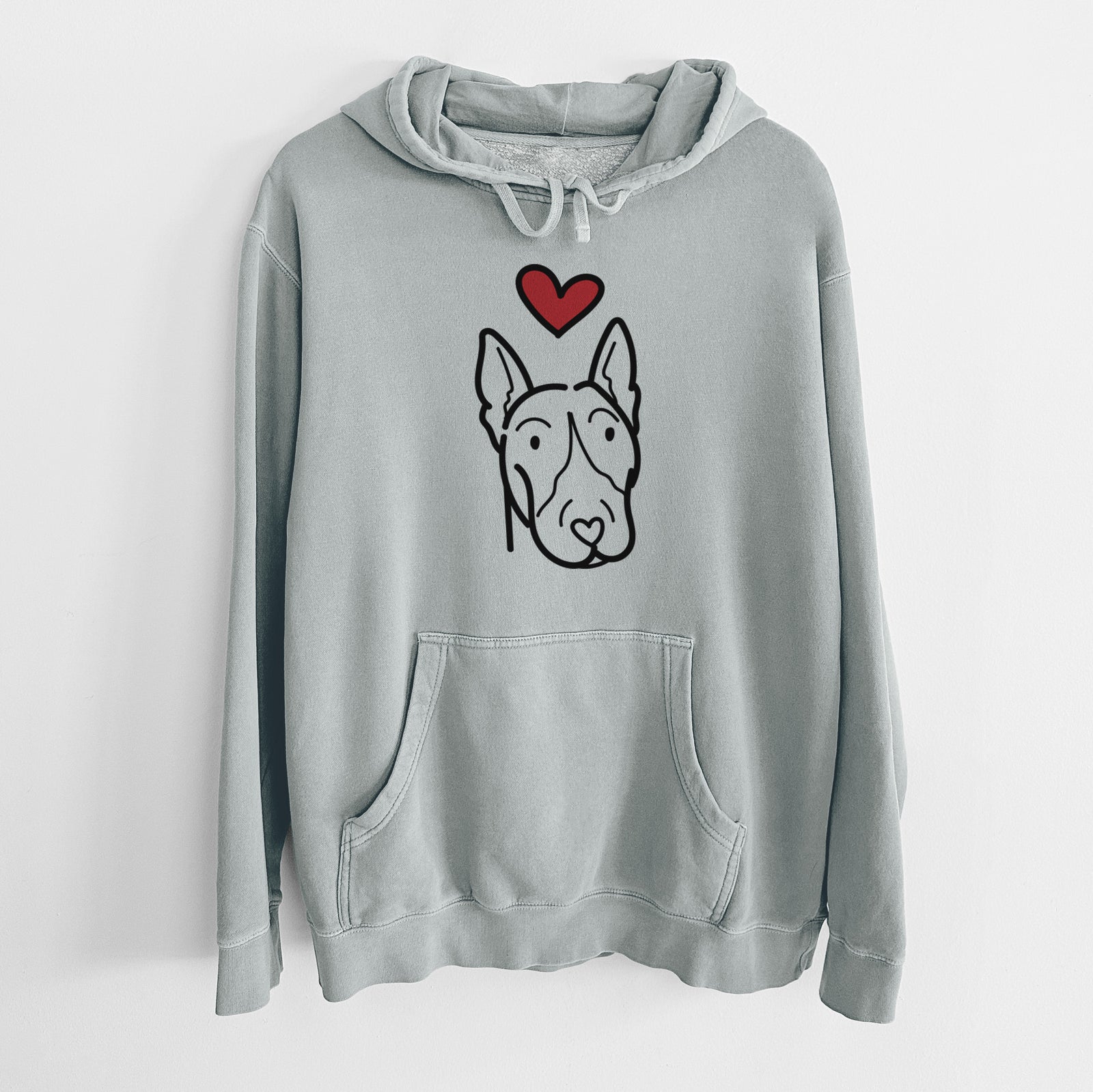 Minimalist line drawing of a Bull Terrier with a red heart on a Sage Unisex pigment dyed hoodie