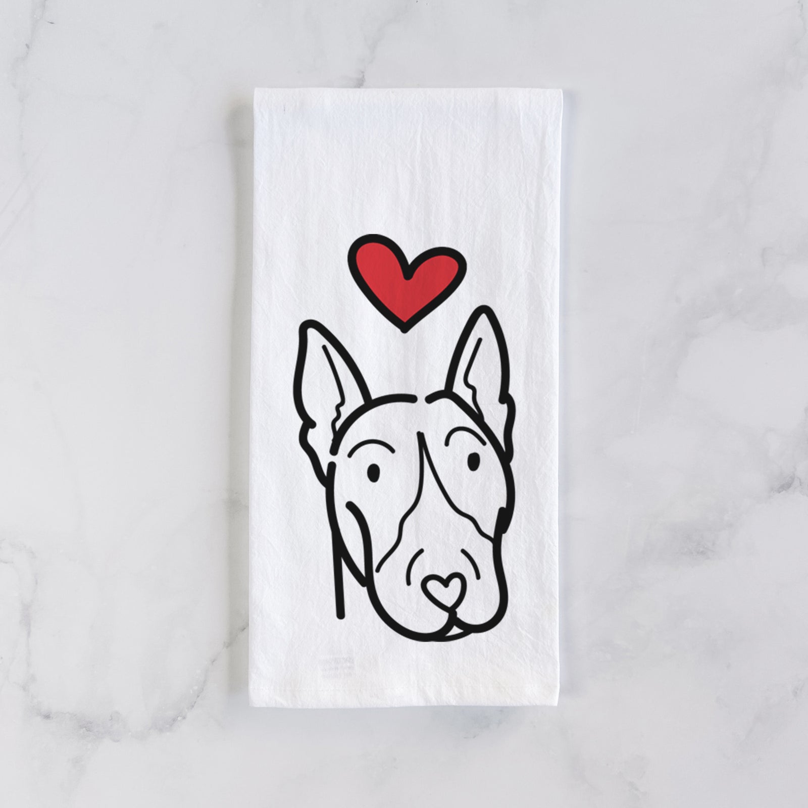 Minimalist line drawing of a Bull Terrier with a red heart on a tea towel