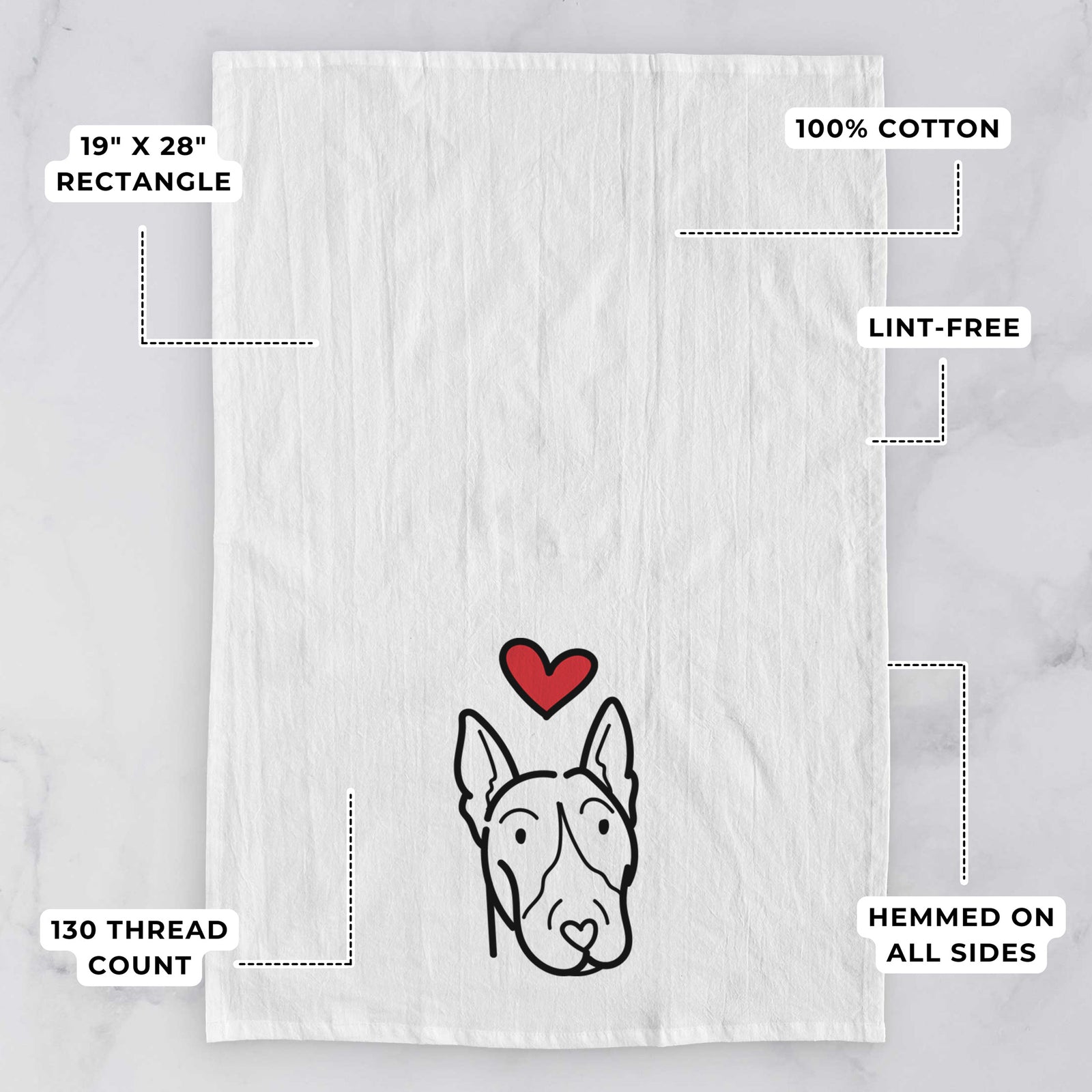 Minimalist line drawing of a Bull Terrier with a red heart on a tea towel, with feature callouts: 19 x 28 inch rectangle, 100% cotton, lint-free, 120 thread count, hemmed on all sides