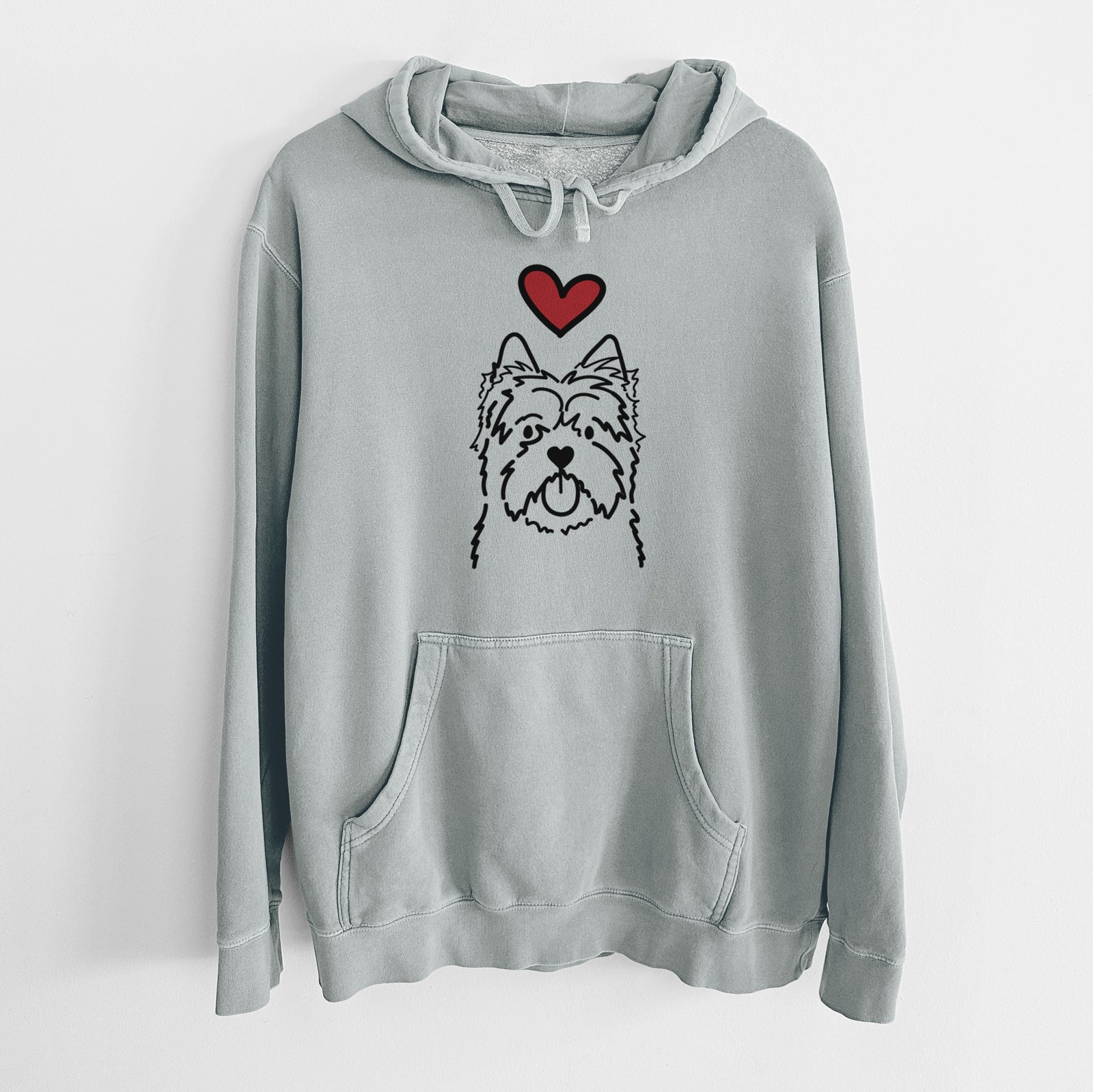 Minimalist line drawing of a Cairn Terrier with a red heart on a Sage Unisex pigment dyed hoodie
