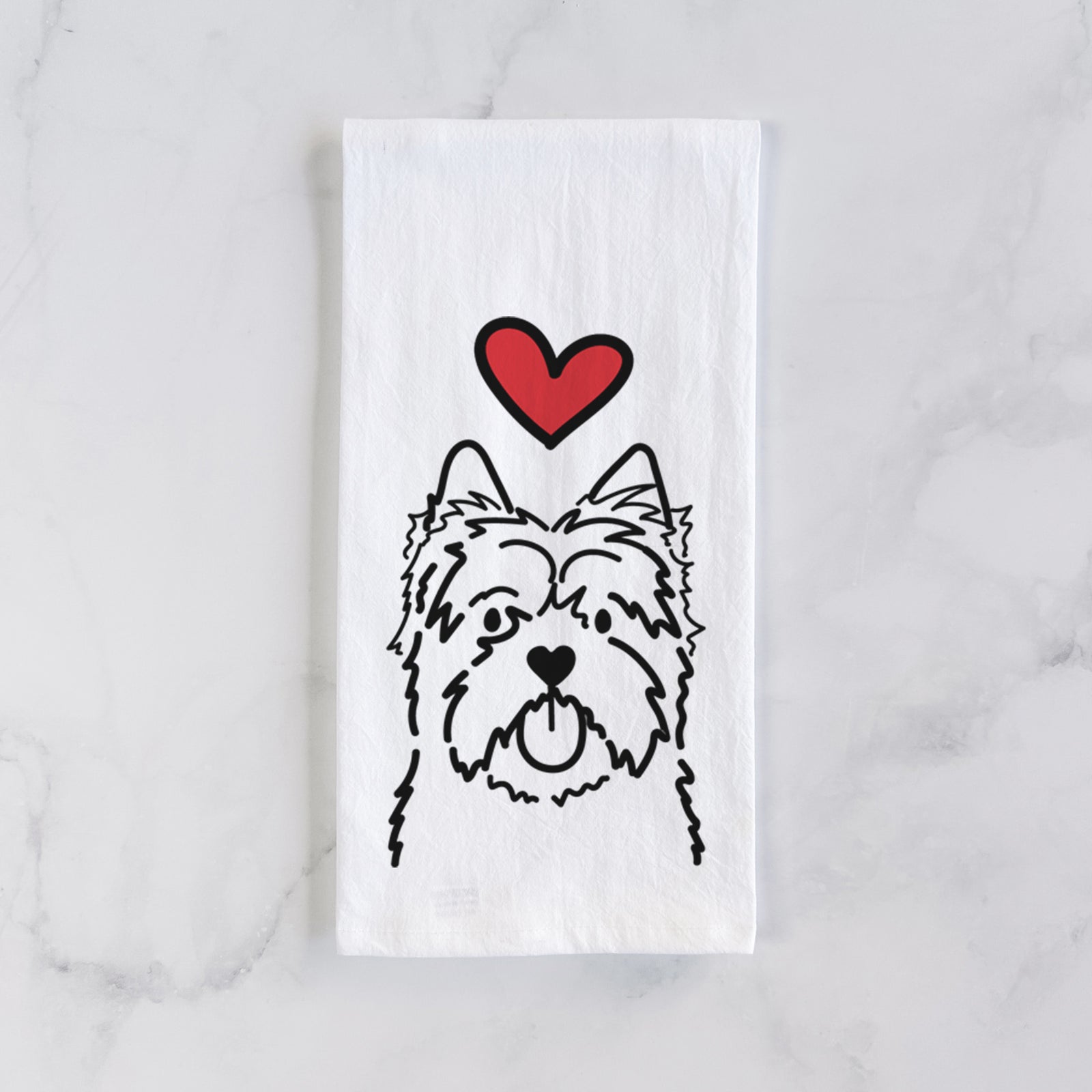 Minimalist line drawing of a Cairn Terrier with a red heart on a tea towel