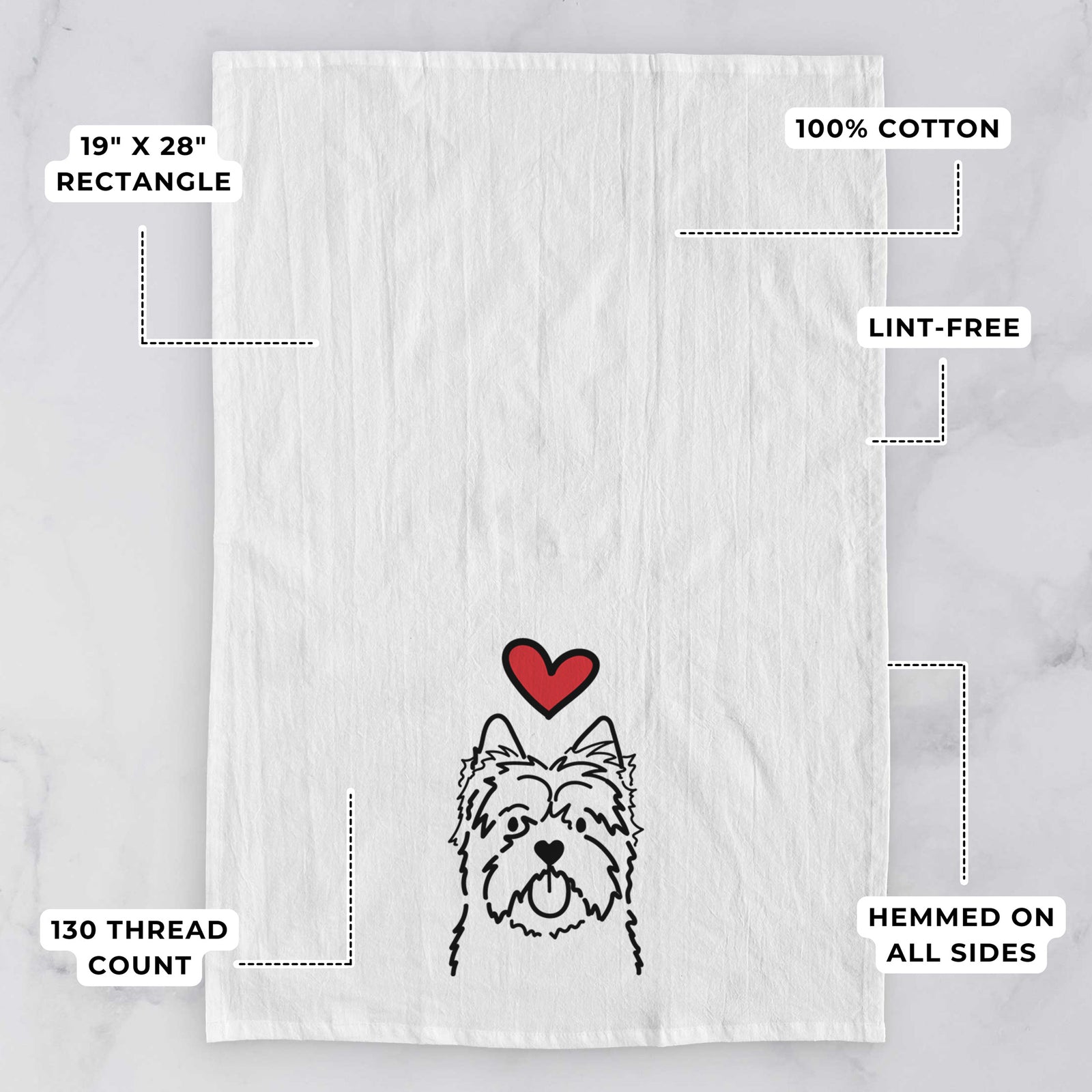 Minimalist line drawing of a Cairn Terrier with a red heart on a tea towel, with feature callouts: 19 x 28 inch rectangle, 100% cotton, lint-free, 120 thread count, hemmed on all sides