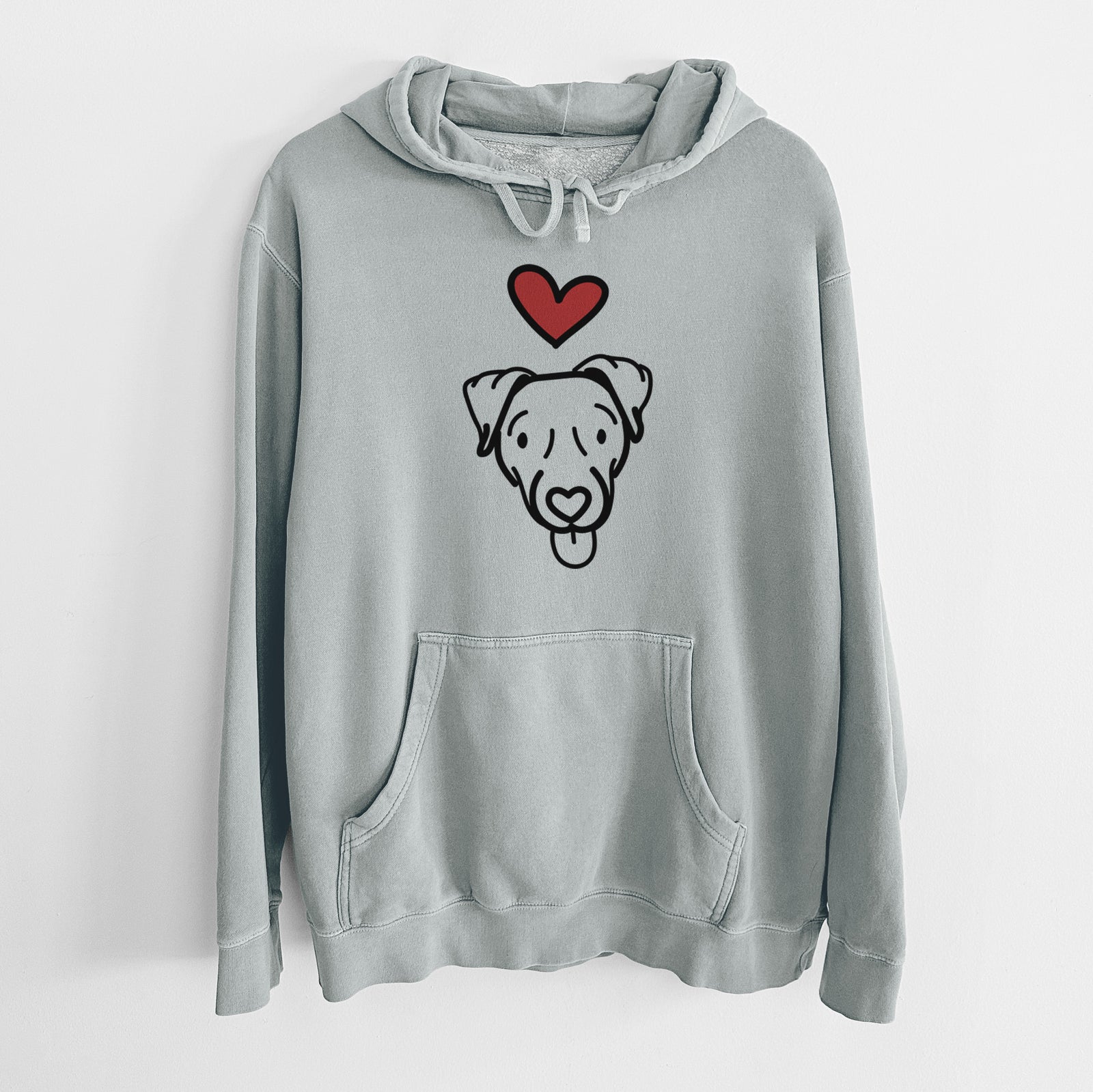 Minimalist line drawing of Cammy the Jack Russell Terrier with a red heart on a Sage Unisex pigment dyed hoodie