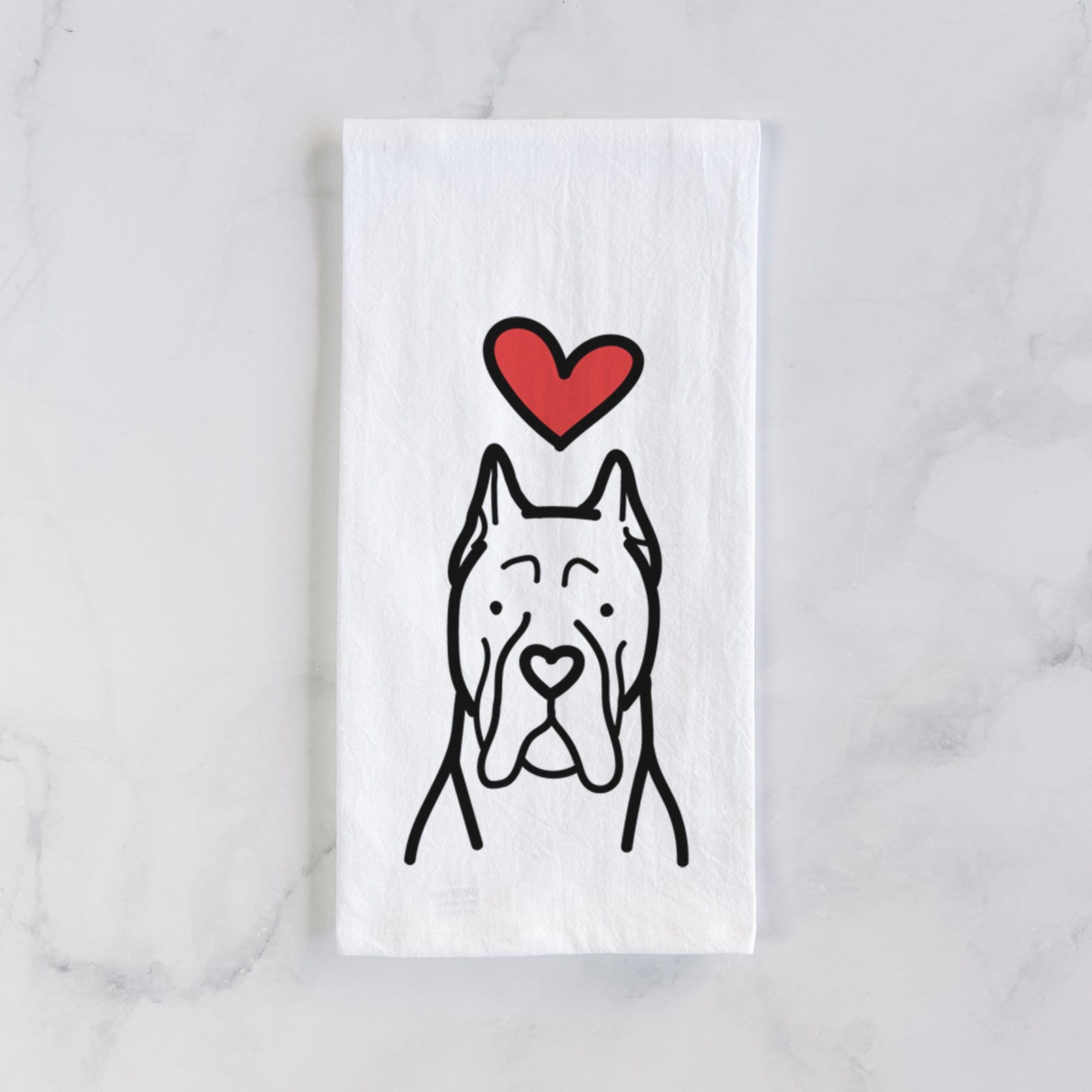 Minimalist line drawing of a CaneCorso with a red heart on a tea towel
