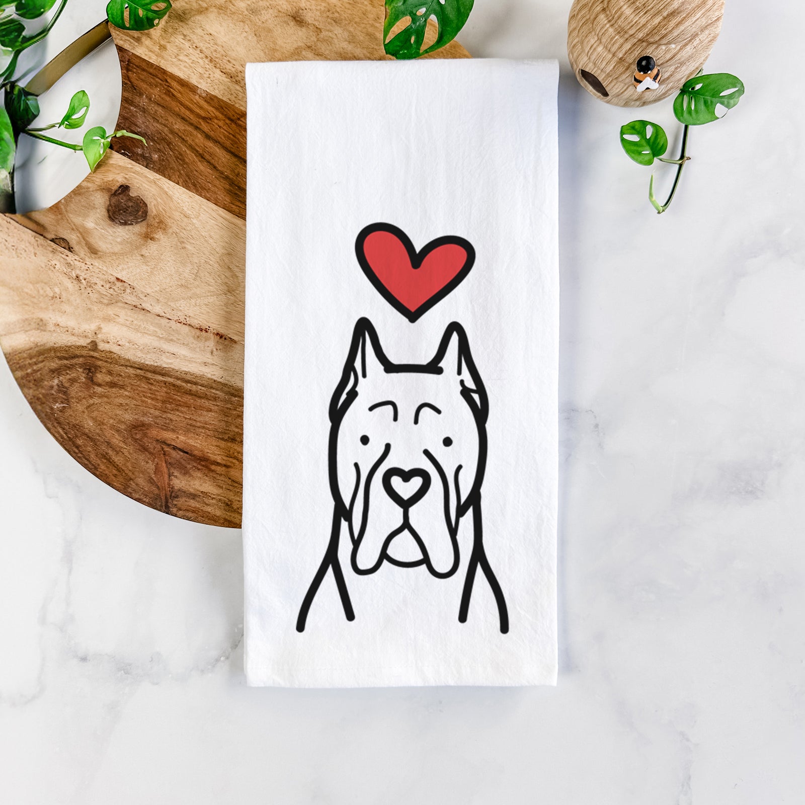 Minimalist line drawing of a CaneCorso with a red heart on a tea towel