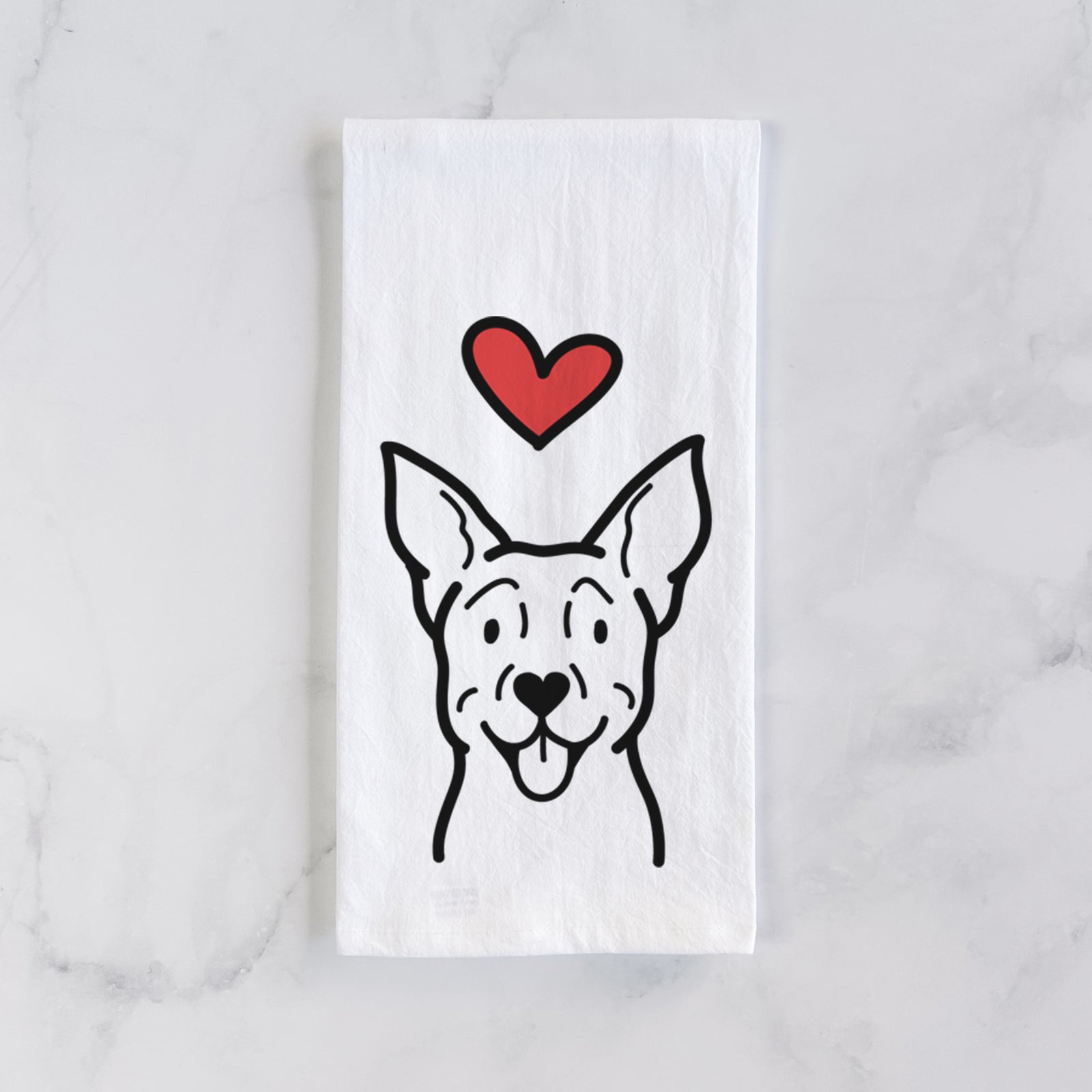 Minimalist line drawing of a Carolina Dog with a red heart on a tea towel