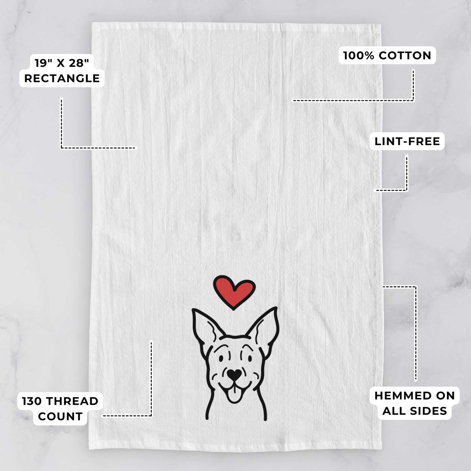 Minimalist line drawing of a Carolina Dog with a red heart on a tea towel, with feature callouts: 19 x 28 inch rectangle, 100% cotton, lint-free, 120 thread count, hemmed on all sides