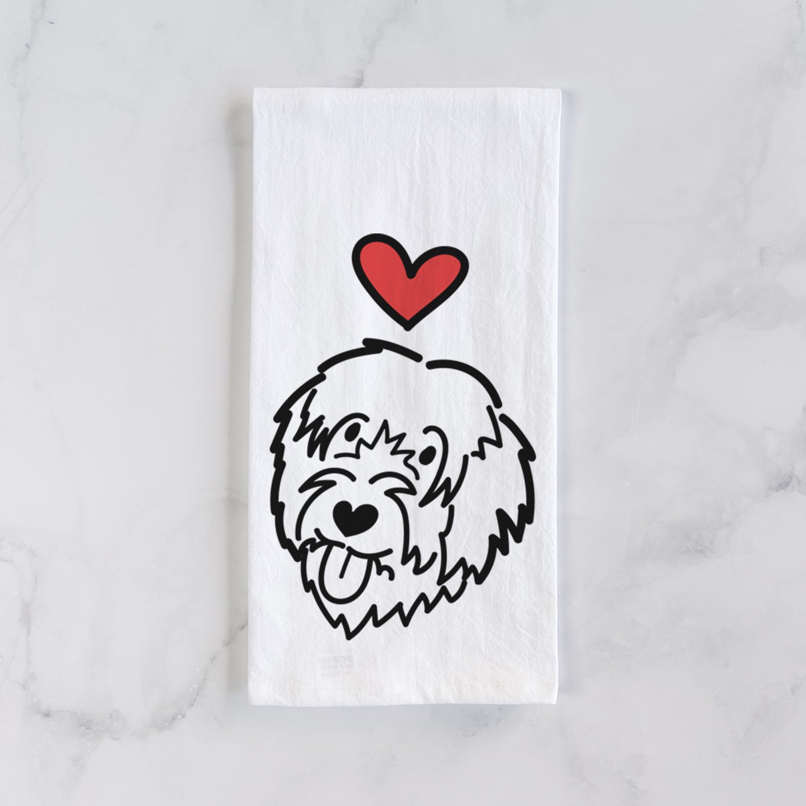Minimalist line drawing of a Catalan Sheepdog with a red heart on a tea towel