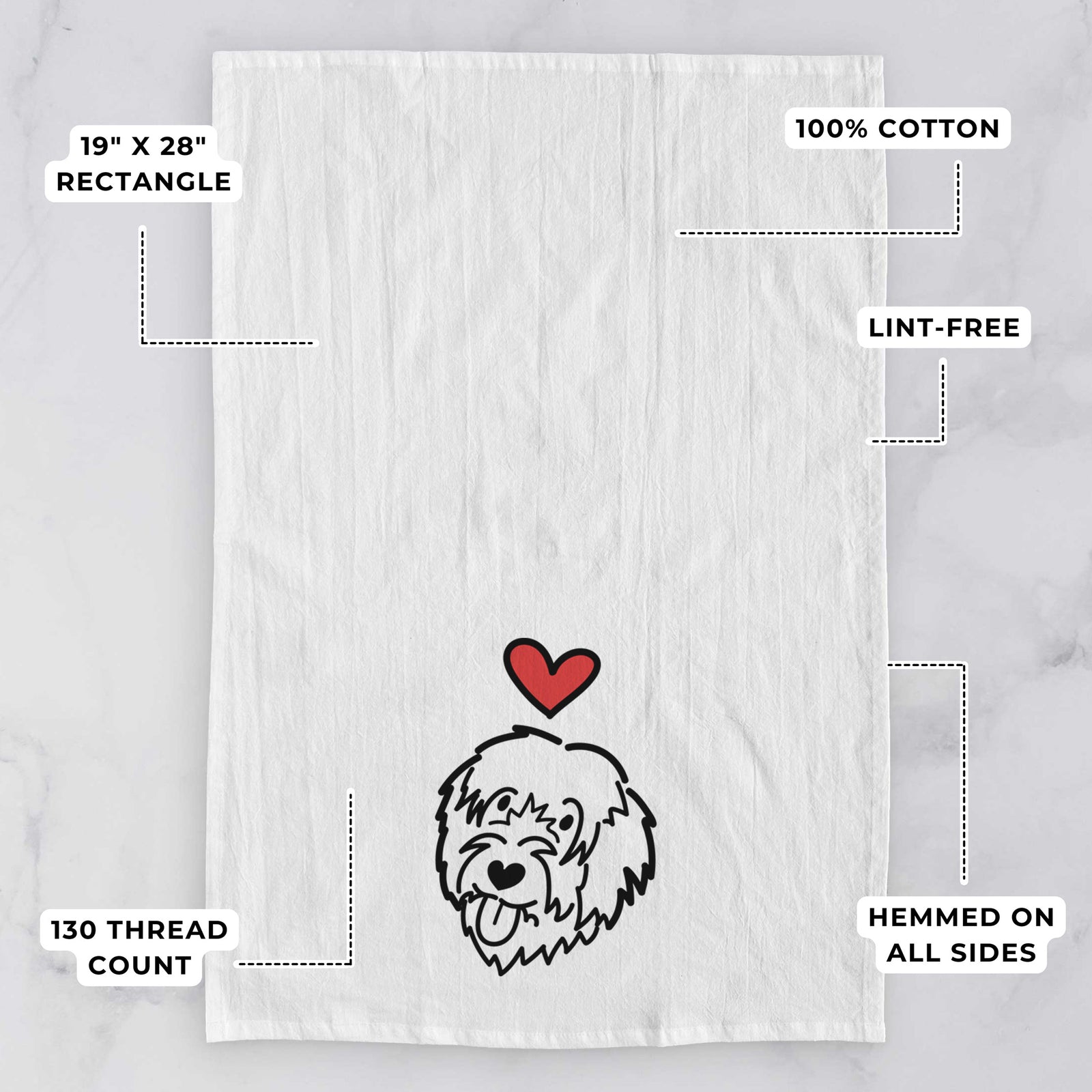 Minimalist line drawing of a Catalan Sheepdog with a red heart on a tea towel, with feature callouts: 19 x 28 inch rectangle, 100% cotton, lint-free, 120 thread count, hemmed on all sides