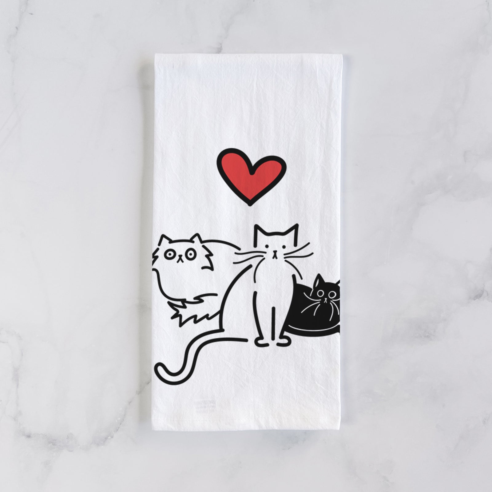 Minimalist line drawing of Cats - Cats with a red heart on a tea towel