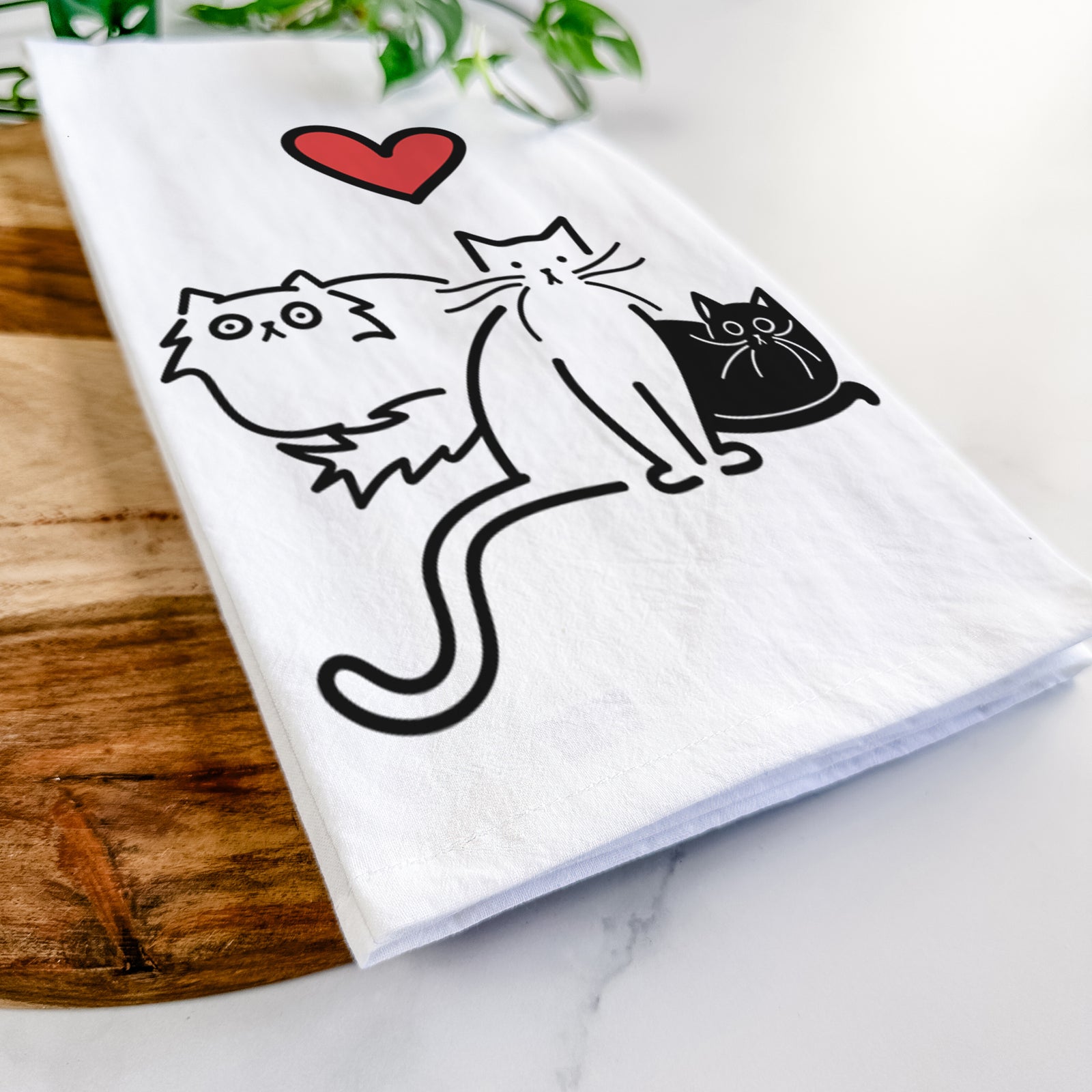 Minimalist line drawing of Cats - Cats with a red heart on a tea towel