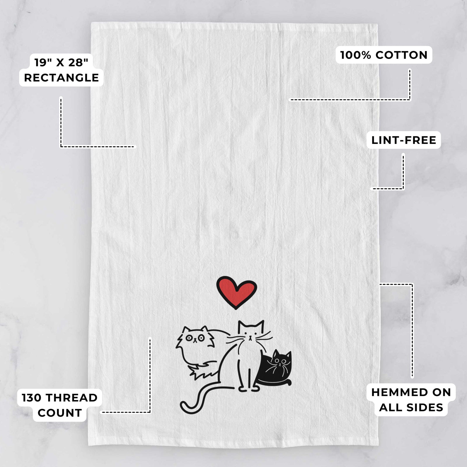 Minimalist line drawing of Cats - Cats with a red heart on a tea towel, with feature callouts: 19 x 28 inch rectangle, 100% cotton, lint-free, 120 thread count, hemmed on all sides