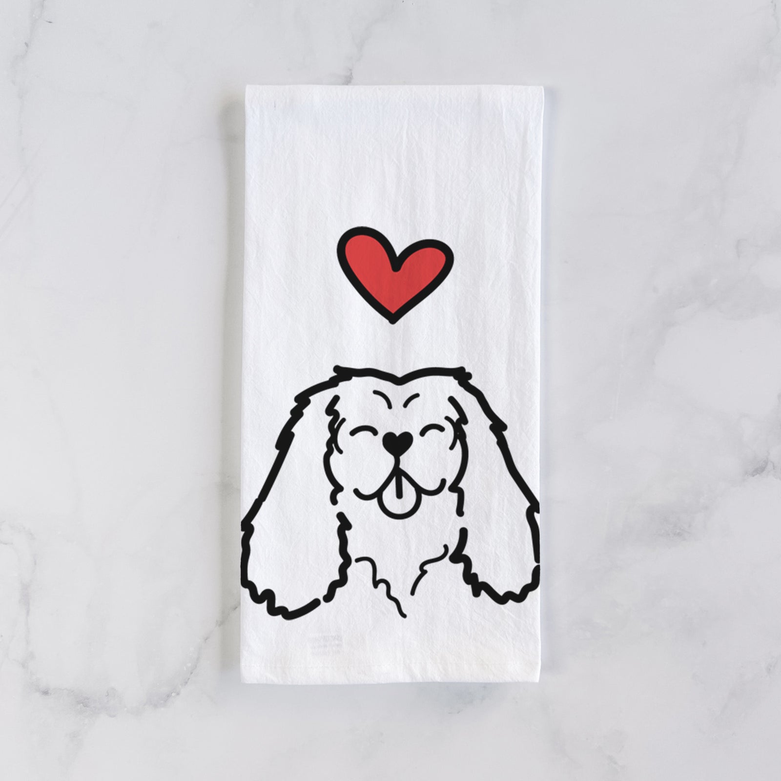 Minimalist line drawing of a Cavalier King Charles Spaniel with a red heart on a tea towel
