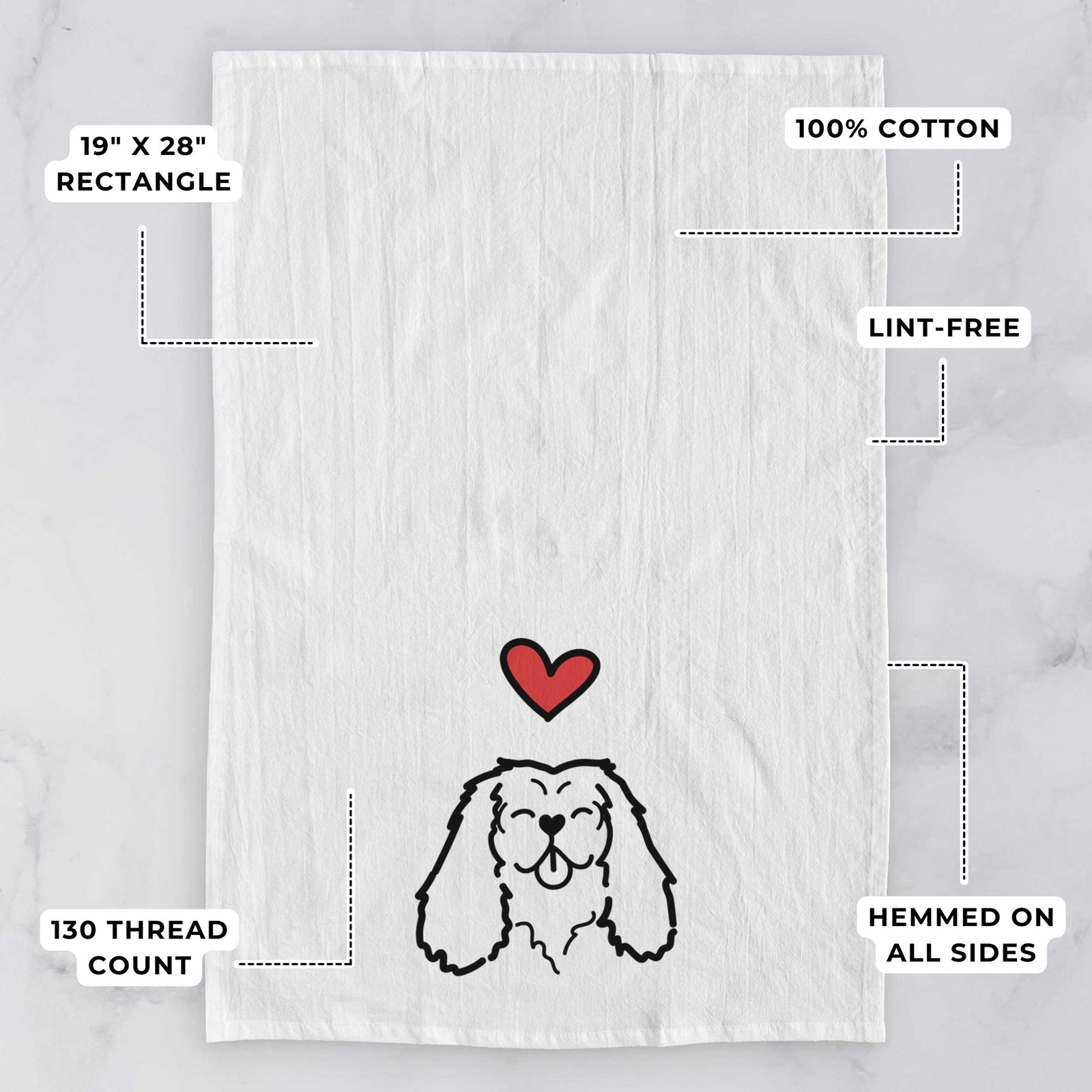 Minimalist line drawing of a Cavalier King Charles Spaniel with a red heart on a tea towel, with feature callouts: 19 x 28 inch rectangle, 100% cotton, lint-free, 120 thread count, hemmed on all sides