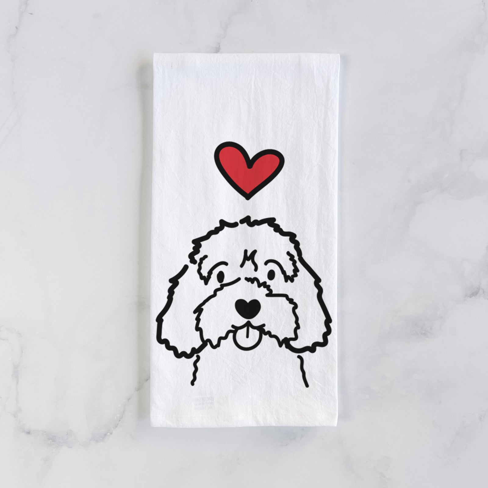 Minimalist line drawing of a Cavapoo with a red heart on a tea towel