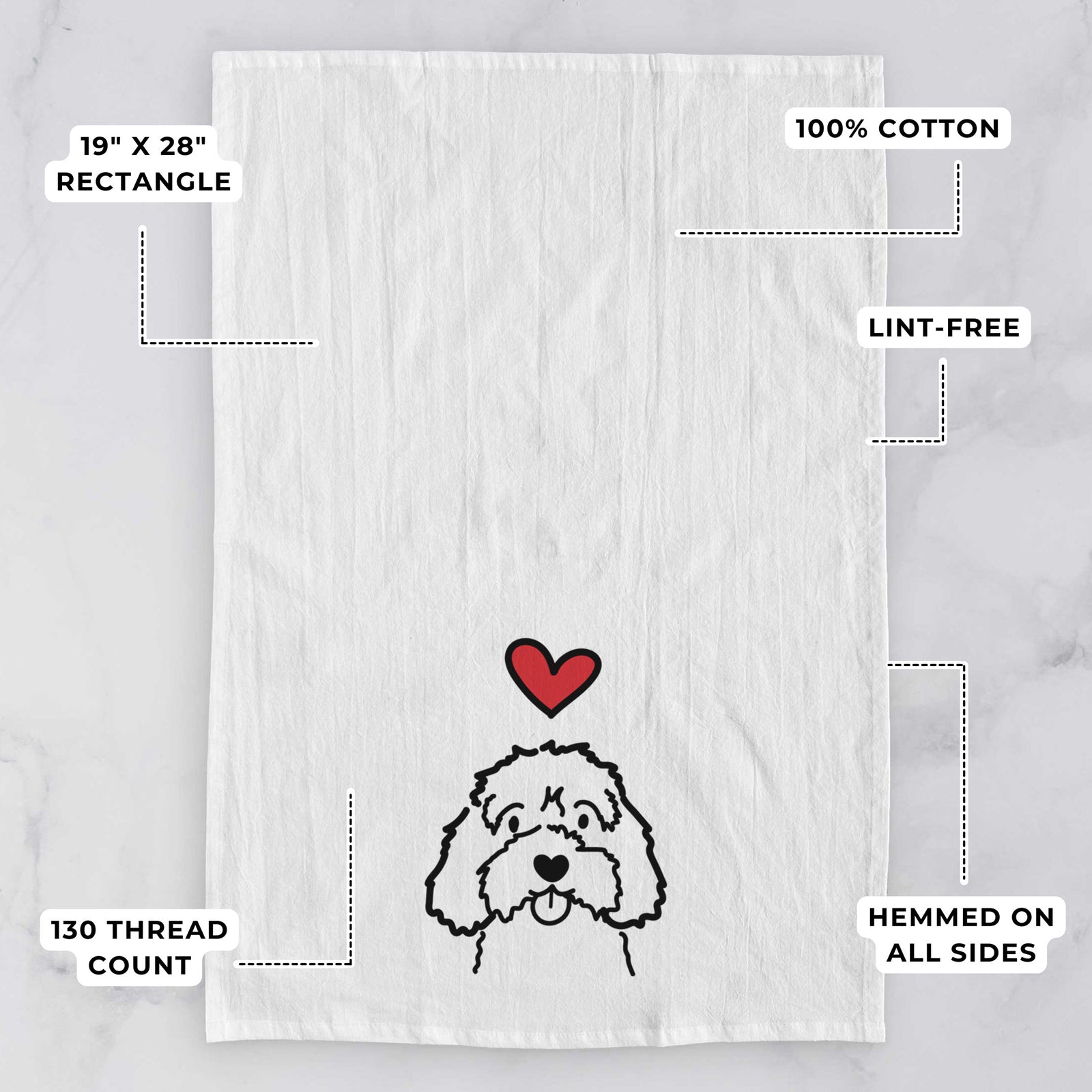 Minimalist line drawing of a Cavapoo with a red heart on a tea towel, with feature callouts: 19 x 28 inch rectangle, 100% cotton, lint-free, 120 thread count, hemmed on all sides