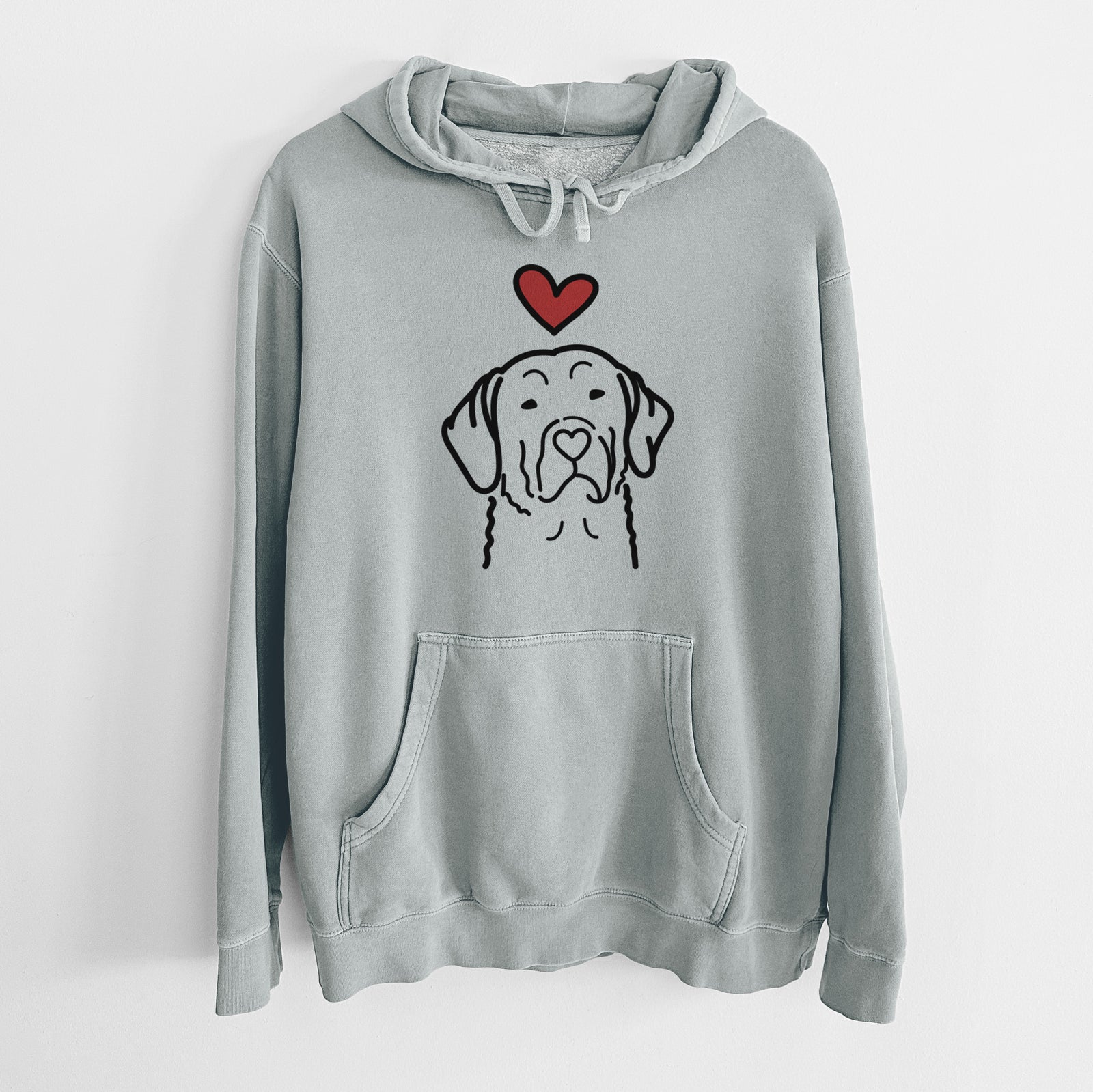 Minimalist line drawing of a Chesapeake Bay Retriever with a red heart on a Sage Unisex pigment dyed hoodie