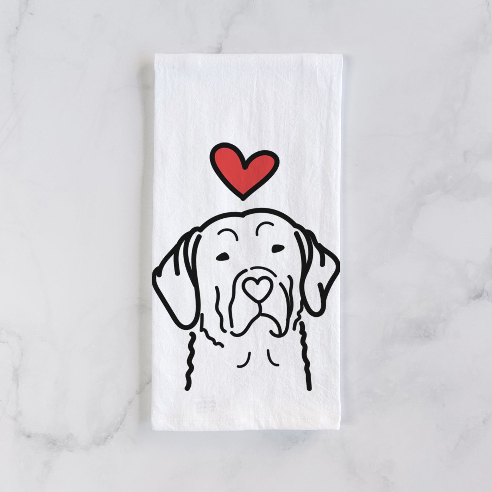 Minimalist line drawing of a Chesapeake Bay Retriever with a red heart on a tea towel